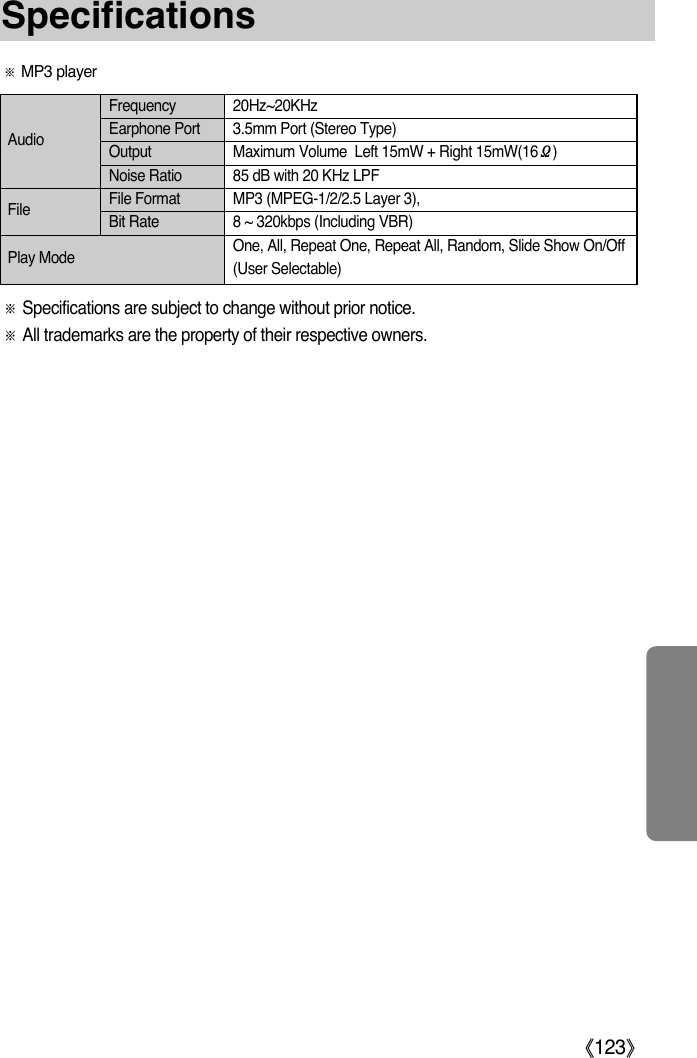 ŝ123ŞSpecificationsſSpecifications are subject to change without prior notice.ſAll trademarks are the property of their respective owners.Frequency 20Hz~20KHzEarphone Port 3.5mm Port (Stereo Type)Output Maximum Volume  Left 15mW + Right 15mW(16ѳ)Noise Ratio 85 dB with 20 KHz LPFFile Format MP3 (MPEG-1/2/2.5 Layer 3),Bit Rate 8 ~ 320kbps (Including VBR)One, All, Repeat One, Repeat All, Random, Slide Show On/Off(User Selectable)FilePlay ModeAudioſMP3 player