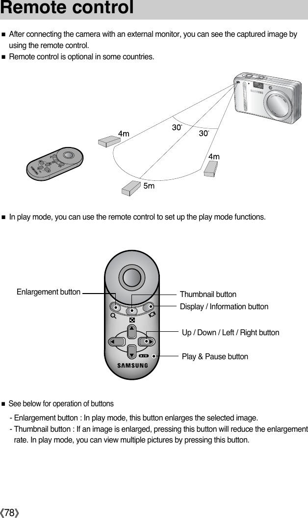 ŝ78ŞƈAfter connecting the camera with an external monitor, you can see the captured image byusing the remote control.ƈRemote control is optional in some countries.ƈIn play mode, you can use the remote control to set up the play mode functions.Enlargement button Thumbnail buttonDisplay / Information buttonUp / Down / Left / Right buttonPlay &amp; Pause buttonƈSee below for operation of buttons- Enlargement button : In play mode, this button enlarges the selected image.- Thumbnail button : If an image is enlarged, pressing this button will reduce the enlargementrate. In play mode, you can view multiple pictures by pressing this button.Remote control
