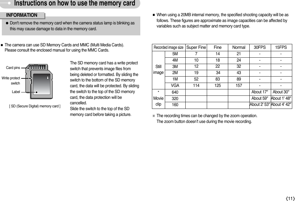 ŝ11ŞInstructions on how to use the memory card[ SD (Secure Digital) memory card ]Write protectswitchLabelCard pinsƈThe camera can use SD Memory Cards and MMC (Multi Media Cards). Please consult the enclosed manual for using the MMC Cards.The SD memory card has a write protectswitch that prevents image files frombeing deleted or formatted. By sliding theswitch to the bottom of the SD memorycard, the data will be protected. By slidingthe switch to the top of the SD memorycard, the data protection will becancelled. Slide the switch to the top of the SDmemory card before taking a picture.ƃDon&apos;t remove the memory card when the camera status lamp is blinking asthis may cause damage to data in the memory card.INFORMATION ƈWhen using a 20MB internal memory, the specified shooting capacity will be asfollows. These figures are approximate as image capacities can be affected byvariables such as subject matter and memory card type.ſThe recording times can be changed by the zoom operation. The zoom button doesn’t use during the movie recording.Recorded image sizeSuper Fine  Fine Normal30FPS 15FPS7    14   21 - -10     18    24 - -12    22    32 - -19     34      43 - -52      83       89 - -114    125    157 - -About 17&quot; About 30&quot;About 59&quot; About 1&apos; 48&quot;About 2&apos; 53&quot; About 4&apos; 42&quot;6403201605M4M3M2M1MVGA*MovieclipStillimage