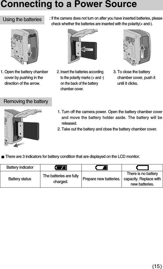 15Connecting to a Power SourceUsing the batteries : If the camera does not turn on after you have inserted batteries, pleasecheck whether the batteries are inserted with the polarity(+ and-). Battery statusBattery indicatorThe batteries are fullycharged. Prepare new batteries.There is no batterycapacity. Replace withnew batteries.There are 3 indicators for battery condition that are displayed on the LCD monitor.Removing the battery1. Turn off the camera power. Open the battery chamber coverand move the battery holder aside. The battery will bereleased.2. Take out the battery and close the battery chamber cover. 1. Open the battery chambercover by pushing in thedirection of the arrow.2. Insert the batteries accordingto the polarity marks (+ and -)on the back of the batterychamber cover.3. To close the batterychamber cover, push ituntil it clicks.