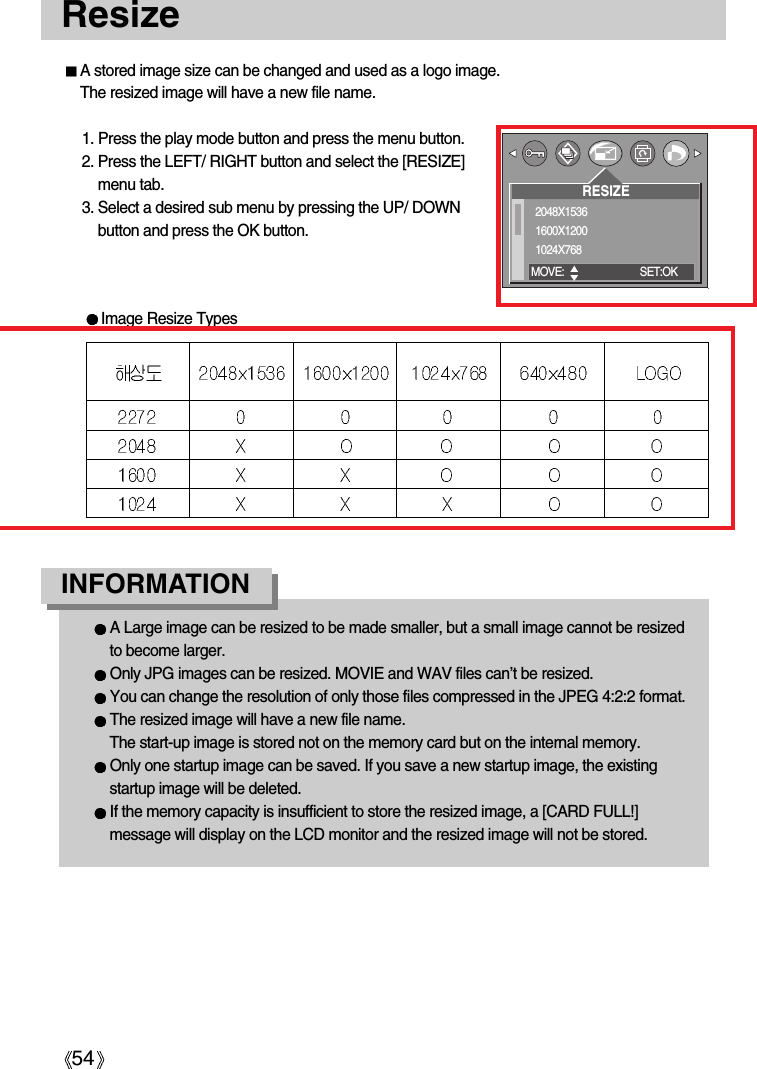 54ResizeA stored image size can be changed and used as a logo image.The resized image will have a new file name.1. Press the play mode button and press the menu button.2. Press the LEFT/ RIGHT button and select the [RESIZE]menu tab.3. Select a desired sub menu by pressing the UP/ DOWNbutton and press the OK button.A Large image can be resized to be made smaller, but a small image cannot be resizedto become larger.Only JPG images can be resized. MOVIE and WAV files can’t be resized.You can change the resolution of only those files compressed in the JPEG 4:2:2 format.The resized image will have a new file name. The start-up image is stored not on the memory card but on the internal memory.Only one startup image can be saved. If you save a new startup image, the existingstartup image will be deleted. If the memory capacity is insufficient to store the resized image, a [CARD FULL!]message will display on the LCD monitor and the resized image will not be stored.INFORMATIONImage Resize TypesRESIZE2048X15361600X12001024X768MOVE: SET:OK