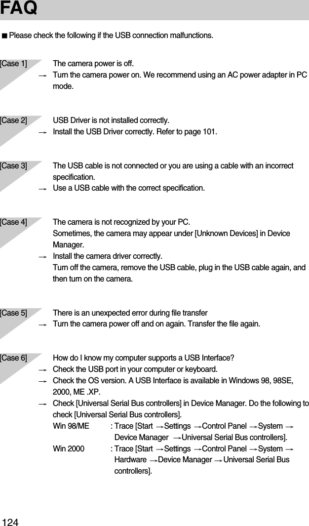 124FAQPlease check the following if the USB connection malfunctions.[Case 1]  The camera power is off.Turn the camera power on. We recommend using an AC power adapter in PCmode.[Case 2] USB Driver is not installed correctly.Install the USB Driver correctly. Refer to page 101.[Case 3] The USB cable is not connected or you are using a cable with an incorrectspecification.Use a USB cable with the correct specification.[Case 4] The camera is not recognized by your PC. Sometimes, the camera may appear under [Unknown Devices] in DeviceManager.Install the camera driver correctly.Turn off the camera, remove the USB cable, plug in the USB cable again, andthen turn on the camera.[Case 5] There is an unexpected error during file transferTurn the camera power off and on again. Transfer the file again.[Case 6]  How do I know my computer supports a USB Interface?Check the USB port in your computer or keyboard.Check the OS version. A USB Interface is available in Windows 98, 98SE,2000, ME .XP.Check [Universal Serial Bus controllers] in Device Manager. Do the following tocheck [Universal Serial Bus controllers].Win 98/ME : Trace [Start  Settings  Control Panel  System Device Manager   Universal Serial Bus controllers].Win 2000 : Trace [Start  Settings  Control Panel  System Hardware  Device Manager  Universal Serial Buscontrollers].