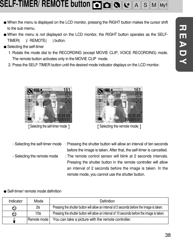 38READYSELF-TIMER/ REMOTE buttonWhen the menu is displayed on the LCD monitor, pressing the RIGHT button makes the cursor shiftto the sub memu.When the menu is not displayed on the LCD monitor, the RIGHT button operates as the SELF-TIMER(      )/  REMOTE(      ) button.Selecting the self-timer1. Rotate the mode dial to the RECORDING (except MOVIE CLIP, VOICE RECORDING) mode.The remote button activates only in the MOVIE CLIP  mode.2. Press the SELF-TIMER button until the desired mode indicator displays on the LCD monitor.- Selecting the self-timer mode  : Pressing the shutter button will allow an interval of ten secondsbefore the image is taken. After that, the self-timer is cancelled.- Selecting the remote mode  : The remote control sensor will blink at 2 seconds intervals.Pressing the shutter button in the remote controller will allowan interval of 2 seconds before the image is taken. In theremote mode, you cannot use the shutter button.161161Selecting the self-timer mode Selecting the remote mode Self-timer/ remote mode definitionIndicator Mode Definition 2sPressing the shutter button will allow an interval of 2 seconds before the image is taken.10sPressing the shutter button will allow an interval of 10 seconds before the image is taken.Remote modeYou can take a picture with the remote controller.