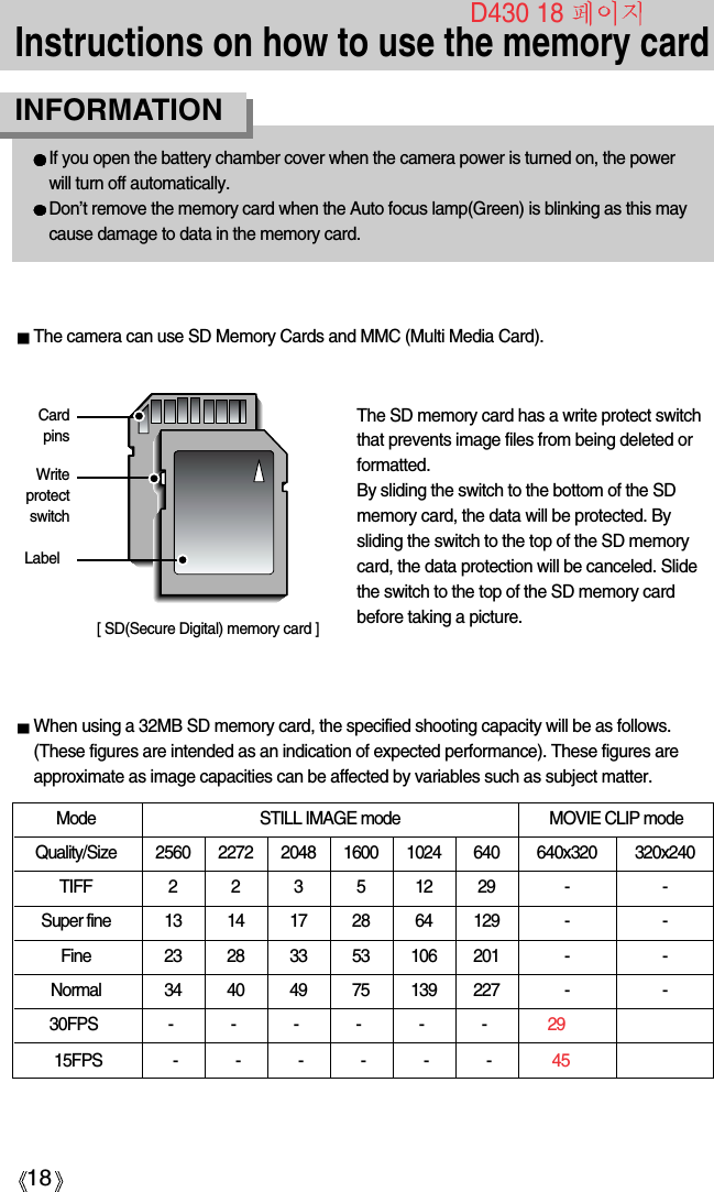 18Instructions on how to use the memory cardIf you open the battery chamber cover when the camera power is turned on, the powerwill turn off automatically.Don’t remove the memory card when the Auto focus lamp(Green) is blinking as this maycause damage to data in the memory card.INFORMATION[ SD(Secure Digital) memory card ]WriteprotectswitchLabelCardpinsModeQuality/Size 2560 2272 2048 1600 1024 640 640x320 320x240TIFF 2 2 3 5 12 29 - -Super fine 13 14 17 28 64 129 - -Fine 23 28 33 53 106 201 - -Normal 34 40 49 75 139 227 - -30FPS - - - - - - 2915FPS - - - - - - 45The camera can use SD Memory Cards and MMC (Multi Media Card). The SD memory card has a write protect switchthat prevents image files from being deleted orformatted.By sliding the switch to the bottom of the SDmemory card, the data will be protected. Bysliding the switch to the top of the SD memorycard, the data protection will be canceled. Slidethe switch to the top of the SD memory cardbefore taking a picture.When using a 32MB SD memory card, the specified shooting capacity will be as follows.(These figures are intended as an indication of expected performance). These figures areapproximate as image capacities can be affected by variables such as subject matter.D430 18 STILL IMAGE mode MOVIE CLIP mode