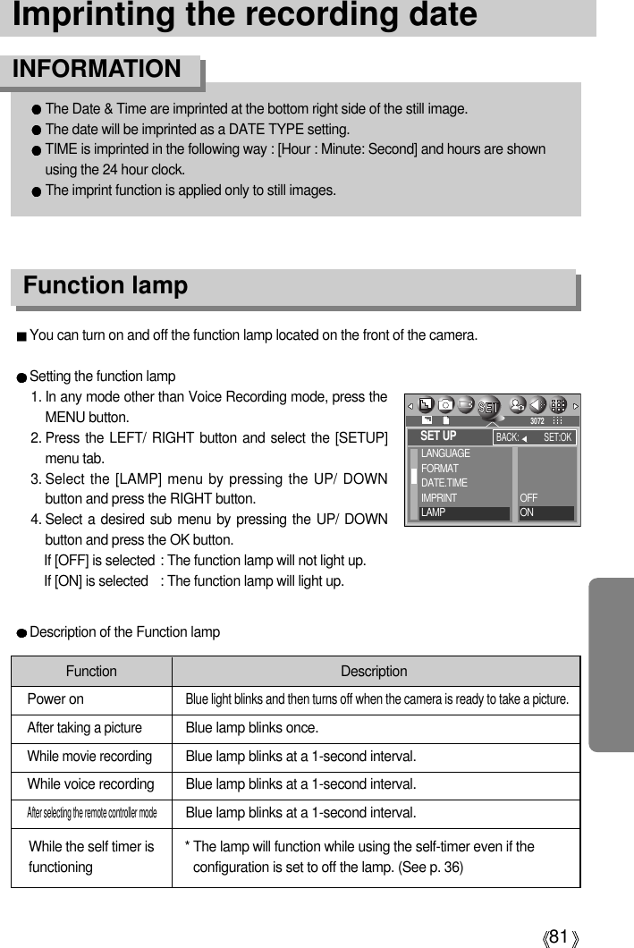 81Imprinting the recording dateFunction lampYou can turn on and off the function lamp located on the front of the camera.Setting the function lamp1. In any mode other than Voice Recording mode, press theMENU button.2. Press the LEFT/ RIGHT button and select the [SETUP]menu tab.3. Select the [LAMP] menu by pressing the UP/ DOWNbutton and press the RIGHT button.4. Select a desired sub menu by pressing the UP/ DOWNbutton and press the OK button. If [OFF] is selected : The function lamp will not light up.If [ON] is selected : The function lamp will light up.Description of the Function lampFunction DescriptionPower onBlue light blinks and then turns off when the camera is ready to take a picture.After taking a pictureBlue lamp blinks once.While movie recordingBlue lamp blinks at a 1-second interval.While voice recording Blue lamp blinks at a 1-second interval.After selecting the remote controller modeBlue lamp blinks at a 1-second interval.* The lamp will function while using the self-timer even if theconfiguration is set to off the lamp. (See p. 36)The Date &amp; Time are imprinted at the bottom right side of the still image.The date will be imprinted as a DATE TYPE setting.TIME is imprinted in the following way : [Hour : Minute: Second] and hours are shownusing the 24 hour clock.The imprint function is applied only to still images.INFORMATIONWhile the self timer isfunctioningSET UPLANGUAGEFORMATDATE.TIMEIMPRINTLAMPBACK: SET:OK3072OFFON