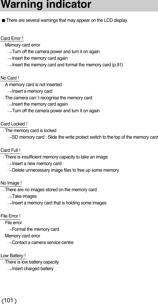 101Warning indicatorThere are several warnings that may appear on the LCD display.Card Error !Memory card errorTurn off the camera power and turn it on againInsert the memory card againInsert the memory card and format the memory card (p.91)No Card !A memory card is not insertedInsert a memory cardThe camera can t recognise the memory cardInsert the memory card againTurn off the camera power and turn it on againCard Locked !The memory card is lockedSD memory card : Slide the write protect switch to the top of the memory cardCard Full !There is insufficient memory capacity to take an imageInsert a new memory cardDelete unnecessary image files to free up some memoryNo Image !There are no images stored on the memory cardTake imagesInsert a memory card that is holding some imagesFile Error !File errorFormat the memory cardMemory card errorContact a camera service centreLow Battery !There is low battery capacityInsert charged battery