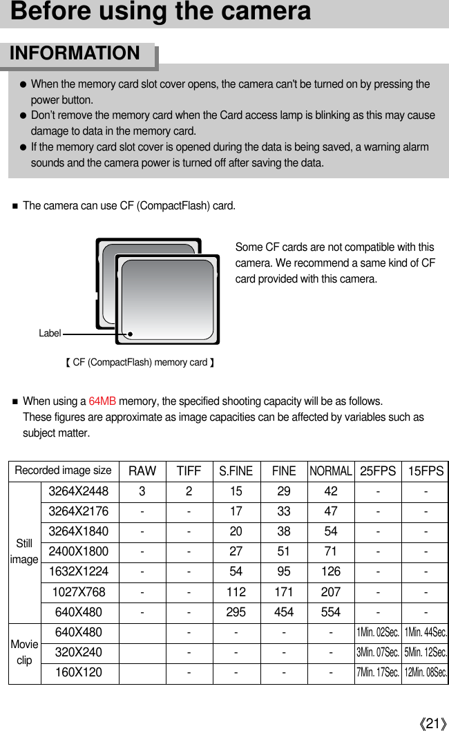 《21》●When the memory card slot cover opens, the camera can&apos;t be turned on by pressing thepower button.●Don’t remove the memory card when the Card access lamp is blinking as this may causedamage to data in the memory card.●If the memory card slot cover is opened during the data is being saved, a warning alarmsounds and the camera power is turned off after saving the data.INFORMATION【CF (CompactFlash) memory card 】RAW TIFFS.FINE FINENORMAL25FPS 15FPS3264X2448321529 42 - -3264X2176--1733 47 - -3264X1840--2038 54 - -2400X1800--27 51 71 - -1632X1224--54 95 126 - -1027X768--112 171 207 - -640X480--295 454 554 - -640X480----1Min. 02Sec. 1Min. 44Sec.320X240 - - - -3Min. 07Sec. 5Min. 12Sec.160X120 - - - -7Min. 17Sec.12Min. 08Sec.StillimageMovieclip■The camera can use CF (CompactFlash) card.Some CF cards are not compatible with thiscamera. We recommend a same kind of CFcard provided with this camera.■When using a 64MB memory, the specified shooting capacity will be as follows. These figures are approximate as image capacities can be affected by variables such assubject matter.Recorded image sizeLabelBefore using the camera