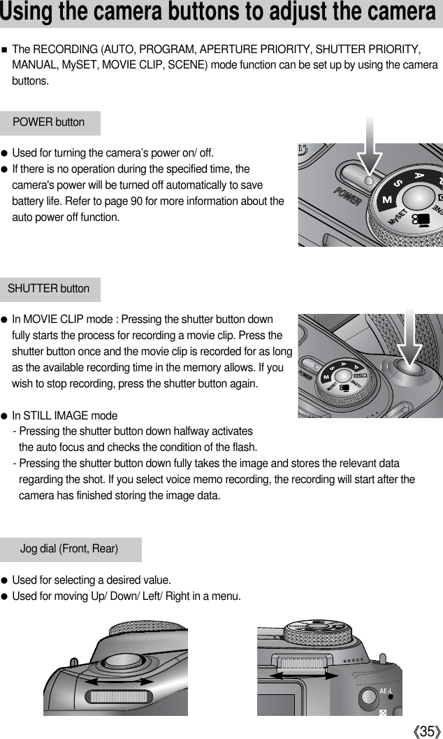 《35》■The RECORDING (AUTO, PROGRAM, APERTURE PRIORITY, SHUTTER PRIORITY,MANUAL, MySET, MOVIE CLIP, SCENE) mode function can be set up by using the camerabuttons.●Used for turning the camera’s power on/ off.●If there is no operation during the specified time, thecamera&apos;s power will be turned off automatically to savebattery life. Refer to page 90 for more information about theauto power off function.POWER button●In MOVIE CLIP mode : Pressing the shutter button downfully starts the process for recording a movie clip. Press theshutter button once and the movie clip is recorded for as longas the available recording time in the memory allows. If youwish to stop recording, press the shutter button again.●In STILL IMAGE mode- Pressing the shutter button down halfway activates the auto focus and checks the condition of the flash.- Pressing the shutter button down fully takes the image and stores the relevant dataregarding the shot. If you select voice memo recording, the recording will start after thecamera has finished storing the image data.SHUTTER buttonJog dial (Front, Rear)●Used for selecting a desired value.●Used for moving Up/ Down/ Left/ Right in a menu.Using the camera buttons to adjust the camera