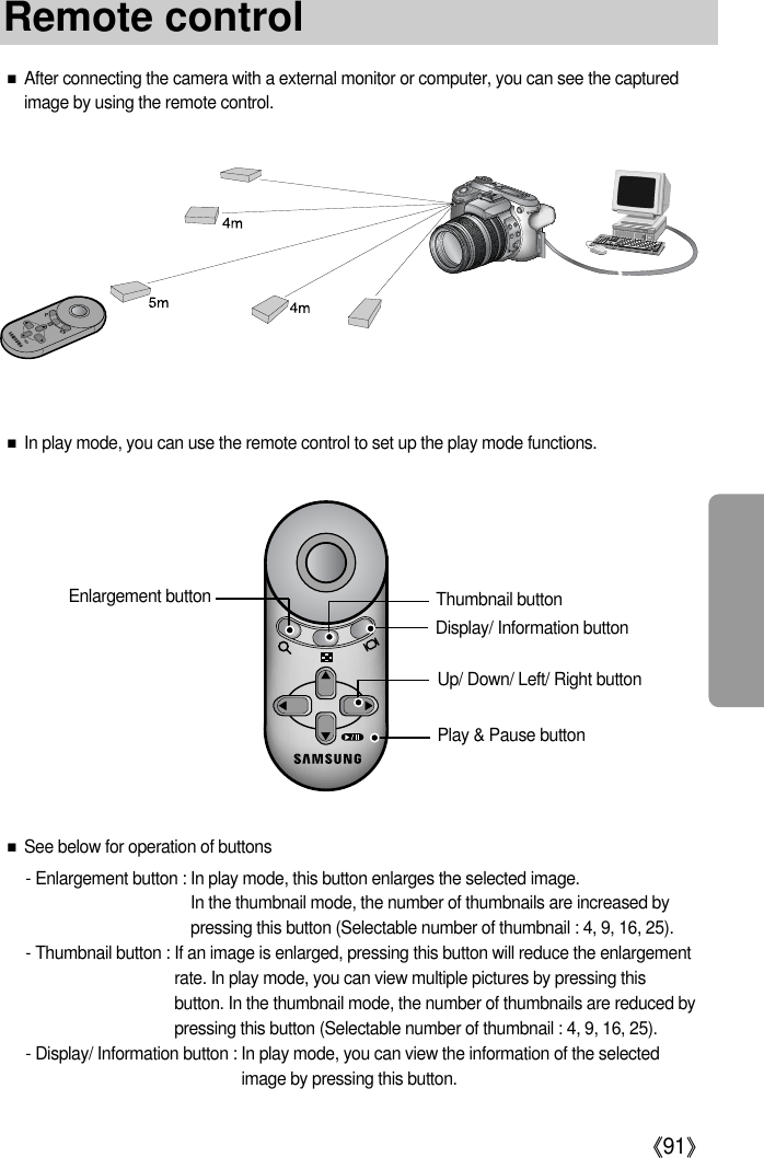 《91》■After connecting the camera with a external monitor or computer, you can see the capturedimage by using the remote control.■In play mode, you can use the remote control to set up the play mode functions.■See below for operation of buttons- Enlargement button : In play mode, this button enlarges the selected image.In the thumbnail mode, the number of thumbnails are increased bypressing this button (Selectable number of thumbnail : 4, 9, 16, 25).- Thumbnail button : If an image is enlarged, pressing this button will reduce the enlargementrate. In play mode, you can view multiple pictures by pressing thisbutton. In the thumbnail mode, the number of thumbnails are reduced bypressing this button (Selectable number of thumbnail : 4, 9, 16, 25).- Display/ Information button : In play mode, you can view the information of the selectedimage by pressing this button.Enlargement button Thumbnail buttonDisplay/ Information buttonUp/ Down/ Left/ Right buttonPlay &amp; Pause buttonRemote control