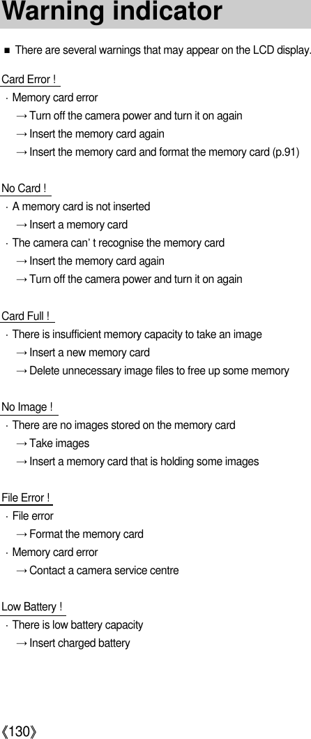 《130》■There are several warnings that may appear on the LCD display.Card Error !ㆍMemory card error→Turn off the camera power and turn it on again→Insert the memory card again→Insert the memory card and format the memory card (p.91)No Card !ㆍA memory card is not inserted→Insert a memory cardㆍThe camera can’t recognise the memory card→Insert the memory card again→Turn off the camera power and turn it on againCard Full !ㆍThere is insufficient memory capacity to take an image→Insert a new memory card→Delete unnecessary image files to free up some memoryNo Image !ㆍThere are no images stored on the memory card→Take images→Insert a memory card that is holding some imagesFile Error !ㆍFile error→Format the memory cardㆍMemory card error→Contact a camera service centreLow Battery !ㆍThere is low battery capacity→Insert charged batteryWarning indicator