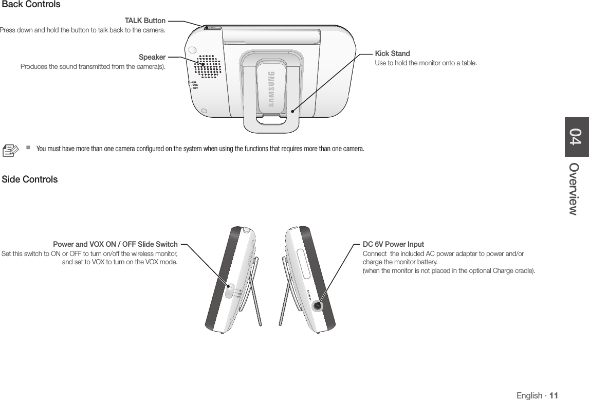 English · 1104 OverviewBack Controls n `You must have more than one camera configured on the system when using the functions that requires more than one camera.Side ControlsDC 6V Power InputConnect  the included AC power adapter to power and/or charge the monitor battery. (when the monitor is not placed in the optional Charge cradle).Power and VOX ON / OFF Slide SwitchSet this switch to ON or OFF to turn on/off the wireless monitor, and set to VOX to turn on the VOX mode.TALK ButtonPress down and hold the button to talk back to the camera. SpeakerProduces the sound transmitted from the camera(s).Kick StandUse to hold the monitor onto a table.- ON- VOX- OFFTALK