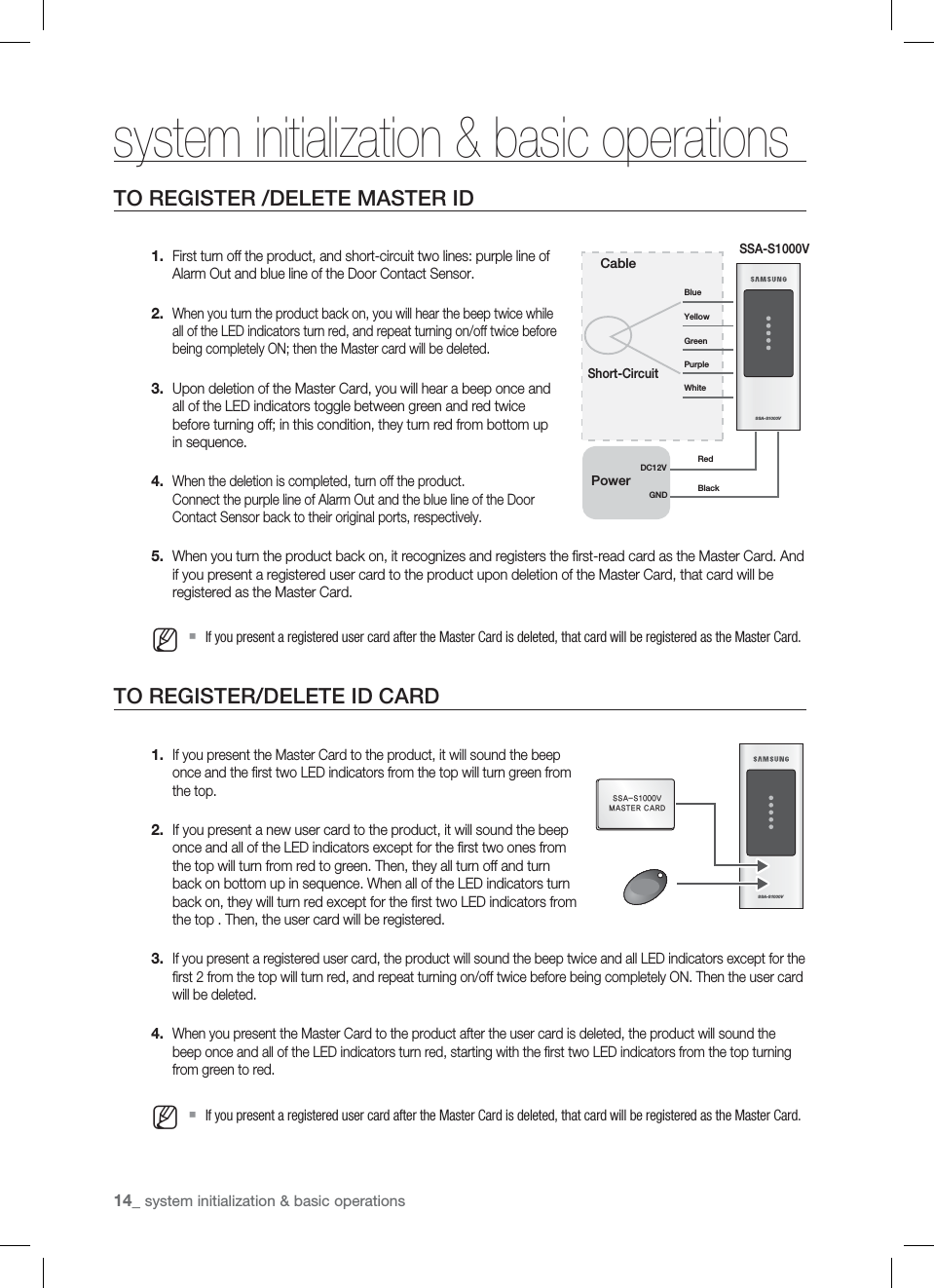 14_ system initialization &amp; basic operations system initialization &amp; basic operations TO REGISTER /DELETE MASTER IDFirst turn off the product, and short-circuit two lines: purple line of Alarm Out and blue line of the Door Contact Sensor.When you turn the product back on, you will hear the beep twice while all of the LED indicators turn red, and repeat turning on/off twice before being completely ON; then the Master card will be deleted.Upon deletion of the Master Card, you will hear a beep once and all of the LED indicators toggle between green and red twice before turning off; in this condition, they turn red from bottom up in sequence.When the deletion is completed, turn off the product.Connect the purple line of Alarm Out and the blue line of the Door Contact Sensor back to their original ports, respectively.When you turn the product back on, it recognizes and registers the ﬁ rst-read card as the Master Card. And if you present a registered user card to the product upon deletion of the Master Card, that card will be registered as the Master Card.If you present a registered user card after the Master Card is deleted, that card will be registered as the Master Card.TO REGISTER/DELETE ID CARDIf you present the Master Card to the product, it will sound the beep once and the ﬁ rst two LED indicators from the top will turn green from the top.If you present a new user card to the product, it will sound the beep once and all of the LED indicators except for the ﬁ rst two ones from the top will turn from red to green. Then, they all turn off and turn back on bottom up in sequence. When all of the LED indicators turn back on, they will turn red except for the ﬁ rst two LED indicators from the top . Then, the user card will be registered.If you present a registered user card, the product will sound the beep twice and all LED indicators except for the ﬁ rst 2 from the top will turn red, and repeat turning on/off twice before being completely ON. Then the user card will be deleted.When you present the Master Card to the product after the user card is deleted, the product will sound the beep once and all of the LED indicators turn red, starting with the ﬁ rst two LED indicators from the top turning from green to red.If you present a registered user card after the Master Card is deleted, that card will be registered as the Master Card.1.2.3.4.5.M1.2.3.4.MSSA-S1000VSSA-S1000VMASTER CARDSSA-S1000VCableBlueYellowGreenPurpleWhiteShort-CircuitPowerRedBlackDC12VGNDSSA-S1000V