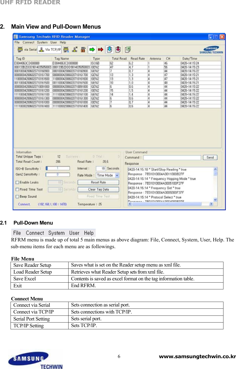 UHF RFID READER     2.  Main View and Pull-Down Menus     2.1   Pull-Down Menu   RFRM menu is made up of total 5 main menus as above diagram: File, Connect, System, User, Help. The sub-menu items for each menu are as followings.    File Menu Save Reader Setup Saves what is set on the Reader setup menu as xml file.  Load Reader Setup Retrieves what Reader Setup sets from xml file.   Save Excel Contents is saved as excel format on the tag information table.  Exit End RFRM.    Connect Menu Connect via Serial Sets connection as serial port.   Connect via TCP/IP Sets connections with TCP/IP.  Serial Port Setting Sets serial port.  TCP/IP Setting Sets TCP/IP.       6 www.samsungtechwin.co.kr 
