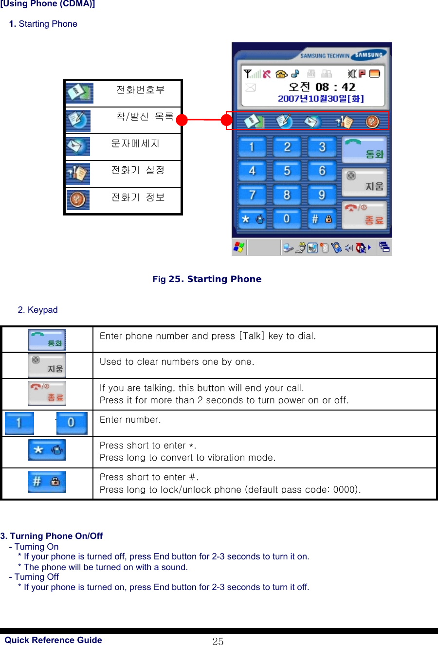  Quick Reference Guide 25[Using Phone (CDMA)]    1. Starting Phone                                                                                                                                      Fig 25. Starting Phone   2. Keypad        3. Turning Phone On/Off - Turning On     * If your phone is turned off, press End button for 2-3 seconds to turn it on.       * The phone will be turned on with a sound. - Turning Off     * If your phone is turned on, press End button for 2-3 seconds to turn it off.   Press short to enter #. Press long to lock/unlock phone (default pass code: 0000).    Press short to enter *. Press long to convert to vibration mode.    Enter number.           ~  If you are talking, this button will end your call.   Press it for more than 2 seconds to turn power on or off.    Used to clear numbers one by one.    Enter phone number and press [Talk] key to dial.                    전화기  정보                 전화기  설정         문자메세지          착/발신 목록                  전화번호부 
