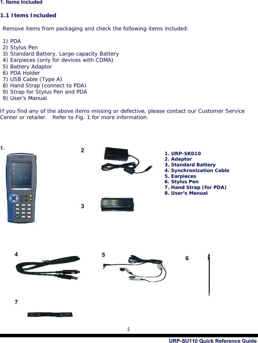  URP-SU110 Quick Reference Guide 4      1. Items Included   1.1 Items Included   Remove items from packaging and check the following items included:    1) PDA  2) Stylus Pen  3) Standard Battery, Large-capacity Battery  4) Earpieces (only for devices with CDMA)  5) Battery Adaptor  6) PDA Holder  7) USB Cable (Type A)   8) Hand Strap (connect to PDA)  9) Strap for Stylus Pen and PDA  9) User’s Manual  If you find any of the above items missing or defective, please contact our Customer Service Center or retailer.  Refer to Fig. 1 for more information.     1.                                   4 61. URP-SK010  2. Adaptor 3. Standard Battery 4. Synchronization Cable 5. Earpieces 6. Stylus Pen 7. Hand Strap (for PDA) 8. User’s Manual 2 7 5 3 