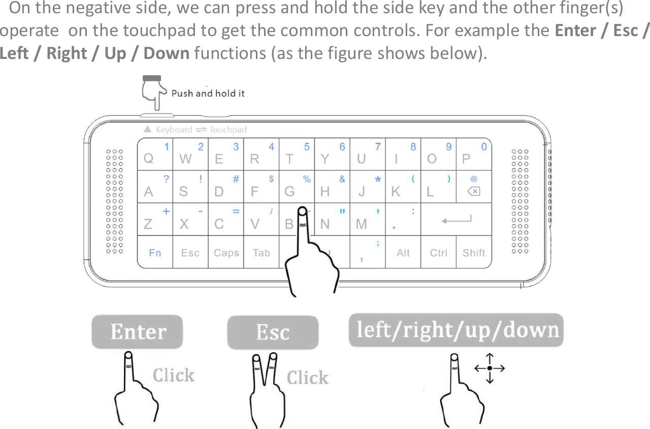 On the negative side, we can press and hold the side key and the other finger(s) operate  on the touchpad to get the common controls. For example the Enter / Esc / Left / Right / Up / Down functions (as the figure shows below).Shortcut Touch Gestures