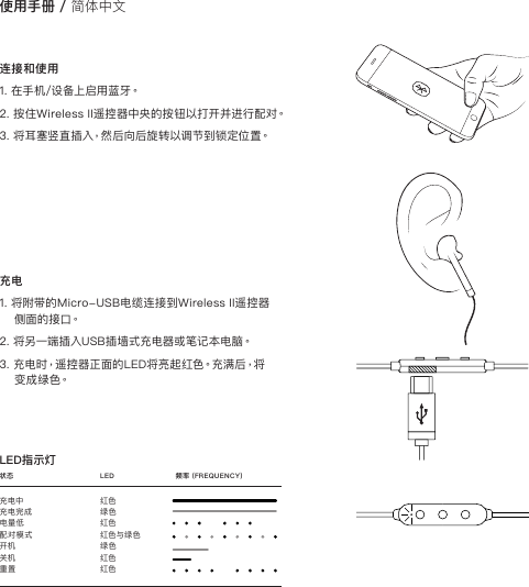 连接和使用1. 在手机/设备上启用蓝牙。2. 按住Wireless II遥控器中央的按钮以打开并进行配对。3. 将耳塞竖直插入，然后向后旋转以调节到锁定位置。充电1. 将附带的Micro-USB电缆连接到Wireless II遥控器侧 面 的 接 口。2. 将另一端插入USB插墙式充电器或笔记本电脑。3. 充电时，遥控器正面的LED将亮起红色。充满后，将变 成 绿 色。使用手册 / 简体中文充电中       红色充电完成      绿色电量低       红色配对模式      红色与绿色开机        绿色关机        红色重置        红色LED指示灯状态        LED      频率 (FREQUENCY)