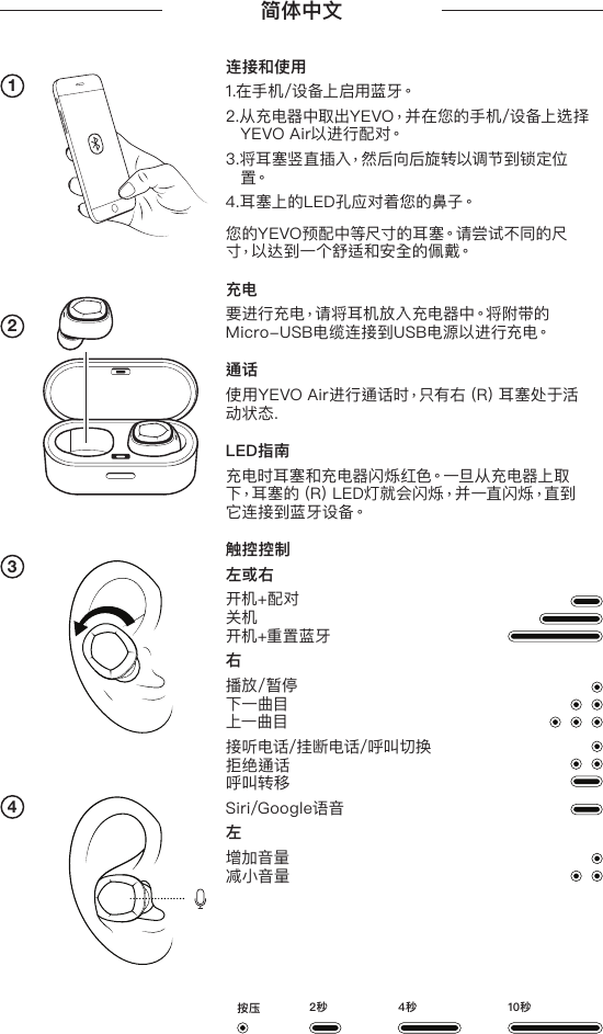 1234连接和使用1 . 在 手 机 / 设 备 上 启 用 蓝 牙。2.从充电器中取出YEVO，并在您的手机/设备上选择YEVO Air以进行配对。3.将耳塞竖直插入，然后向后旋转以调节到锁定位置。4.耳塞上的LED孔应对着您的鼻子。您的YEVO预配中等尺寸的耳塞。请尝试不同的尺寸，以达到一个舒适和安全的佩戴。充电要 进 行 充 电，请 将 耳 机 放 入 充 电 器 中。将 附 带 的Micro-USB电缆连接到USB电源以进行充电。通话使用YEVO Air进行通话时，只有右（R）耳塞处于活动状态.LED指南充电时耳塞和充电器闪烁红色。一旦从充电器上取下，耳 塞 的（ R）L E D 灯 就 会 闪 烁，并 一直 闪 烁，直 到它 连 接 到 蓝 牙 设 备。触控控制左或右开机+配对 关机 开机+重置蓝牙右播放/暂停 下一曲目 上一曲目接听电话/挂断电话/呼叫切换 拒绝通话 呼叫转移Siri/Google语音左增加音量 减小音量简体中文2秒按压 4秒 10秒
