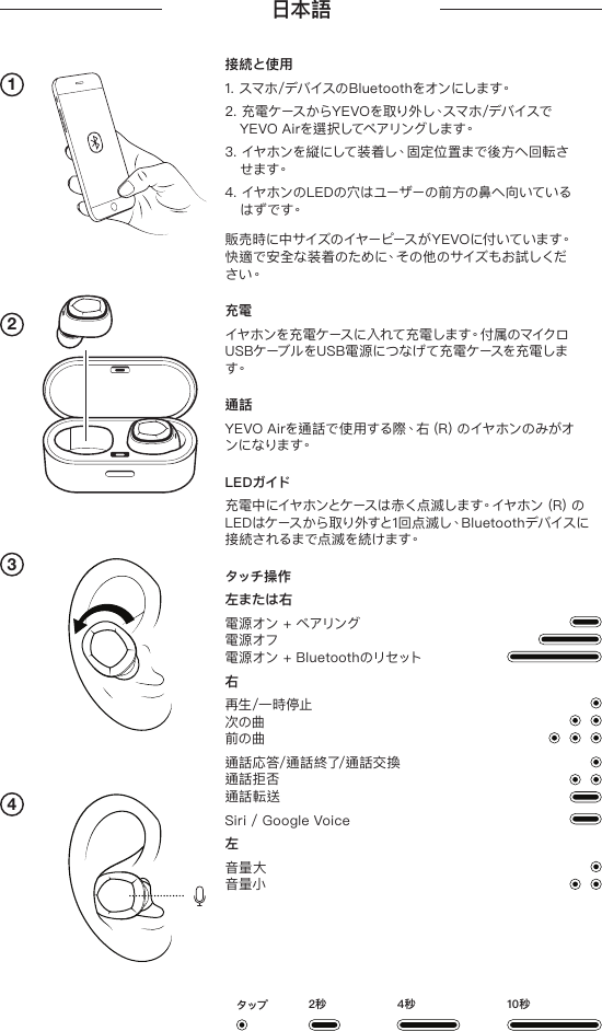 1234接続と使用1. スマホ/デバイスのBluetoothをオンにします。2. 充電ケースからYEVOを取り外し、スマホ/デバイスでYEVO Airを選択してペアリングします。3. イヤホンを縦にして装着し、固定位置まで後方へ回転させ ま す。4. イヤホンのLEDの穴はユーザーの前方の鼻へ向いているは ず で す。  販売時に中サイズのイヤーピースがYEVOに付いています。快適で安全な装着のために、その他のサイズもお試しください。充電イヤホンを充電ケースに入れて充電します。付属のマイクロUS BケーブルをUSB電源につなげて充電ケースを充電します。通話YEVO Airを通話で使用する際、右 (R) のイヤホンのみがオン に な り ま す。L E Dガイド充電中にイヤホンとケースは赤く点滅します。イヤホン (R) のLEDはケースから取り外すと1回点滅し、Bluetoothデバイスに接続されるまで点滅を続けます。タッチ操 作左または右電源オン + ペアリング 電源オフ 電源オン + Bluetoothのリセット右再生/一時停止 次の曲 前の曲通話応答/通話終了/通話交換 通話拒否 通話転送Siri / Google Voice左音量大 音量小日本語2秒タップ 4秒 10秒