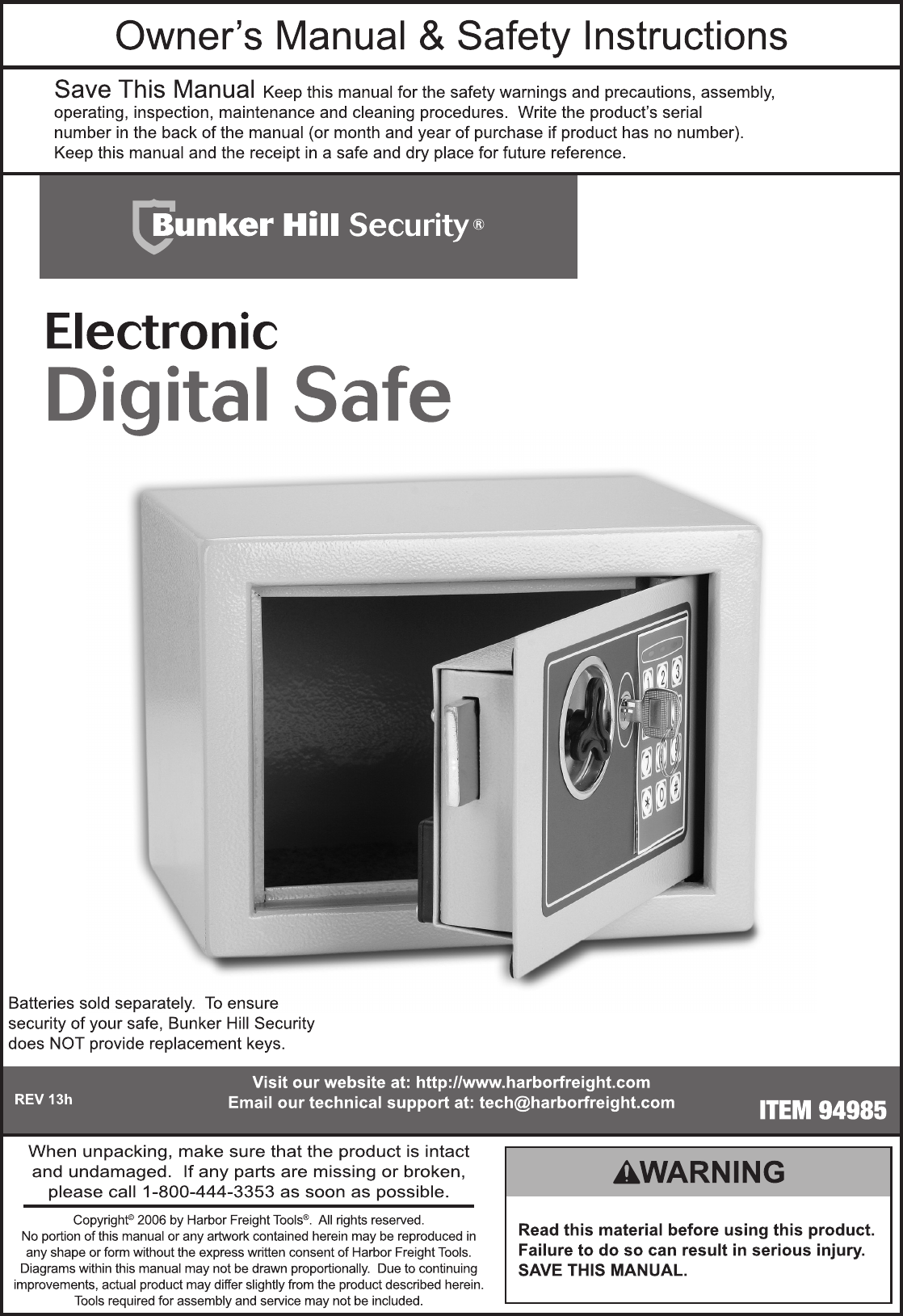 Harbor Freight 0 19 Cubic Ft Electronic Digital Safe Product Manual