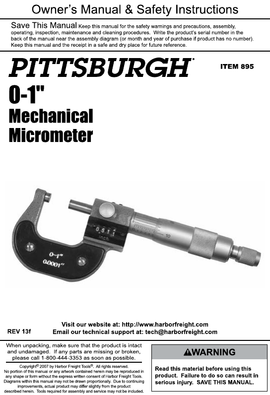 Page 1 of 4 - Harbor-Freight Harbor-Freight-0-1-In-Mechanical-Micrometer-Product-Manual-  Harbor-freight-0-1-in-mechanical-micrometer-product-manual