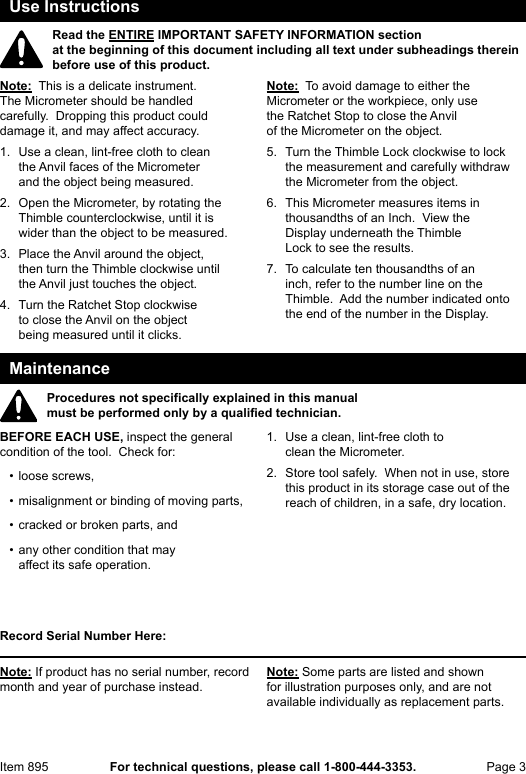 Page 3 of 4 - Harbor-Freight Harbor-Freight-0-1-In-Mechanical-Micrometer-Product-Manual-  Harbor-freight-0-1-in-mechanical-micrometer-product-manual