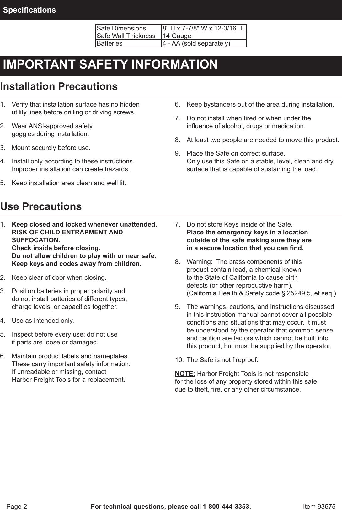 Page 2 of 4 - Harbor-Freight Harbor-Freight-0-37-Cubic-Ft-Electronic-Digital-Safe-Product-Manual-  Harbor-freight-0-37-cubic-ft-electronic-digital-safe-product-manual