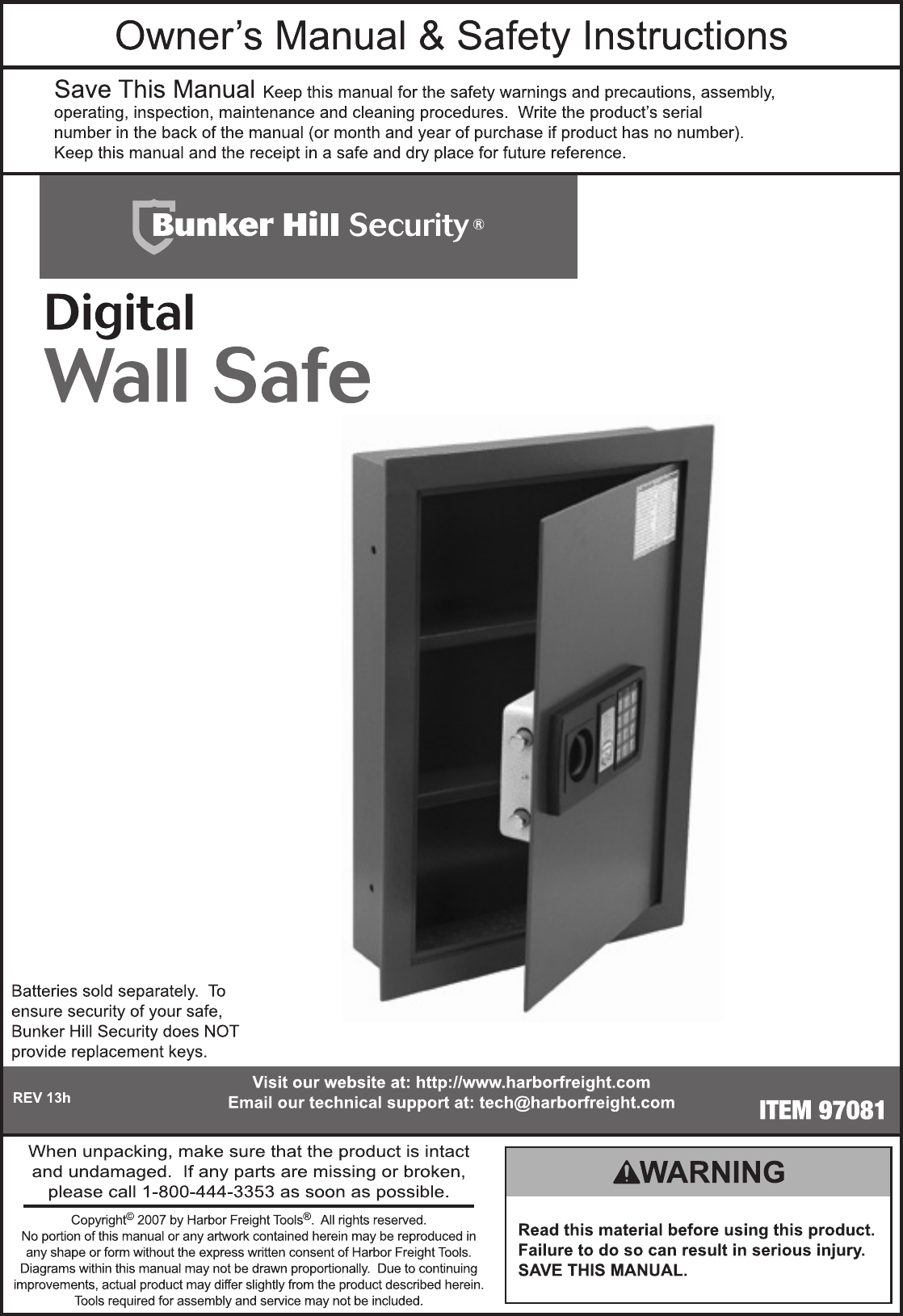 Page 1 of 8 - Harbor-Freight Harbor-Freight-0-53-Cu-Ft-Digital-Wall-Safe-Product-Manual-  Harbor-freight-0-53-cu-ft-digital-wall-safe-product-manual