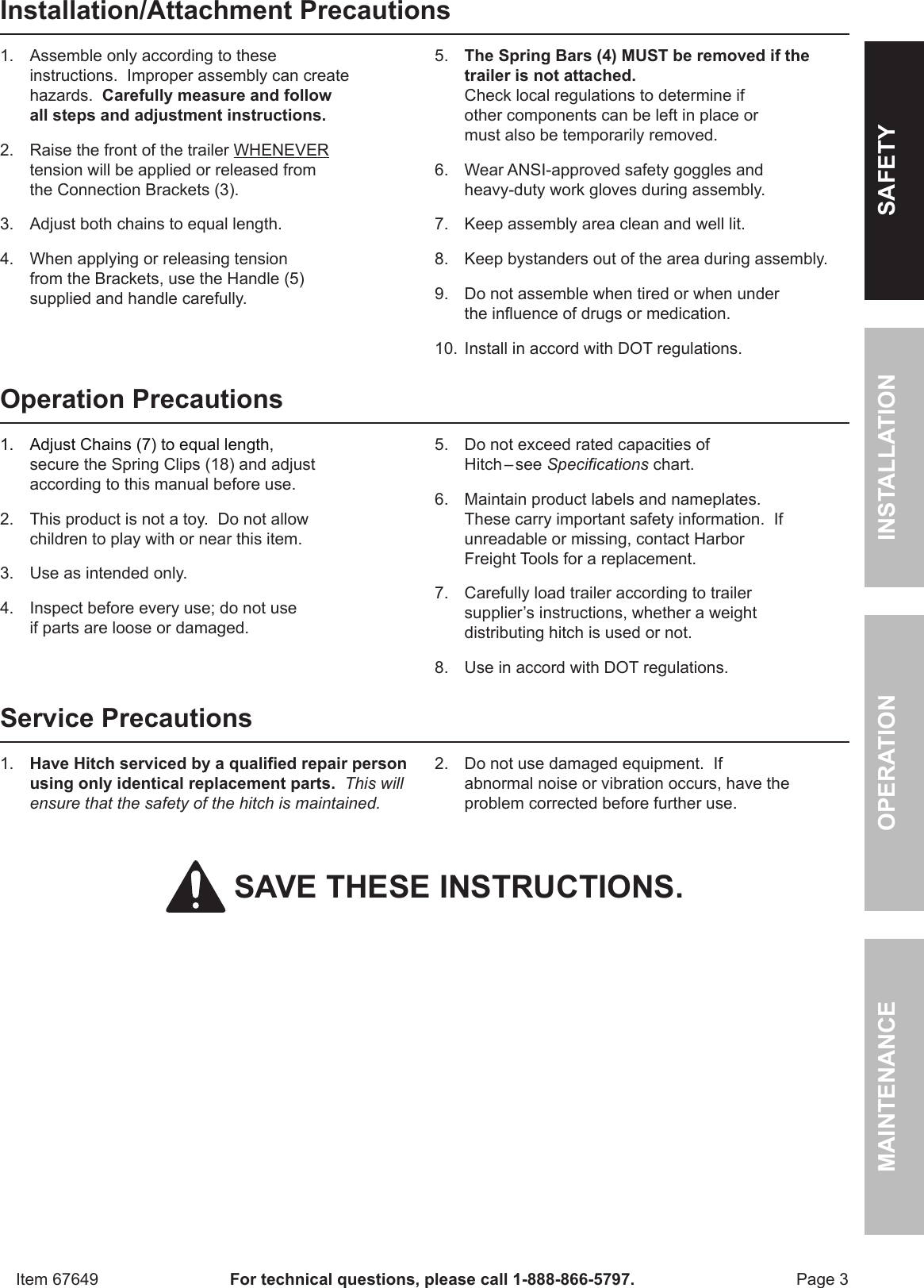 Page 3 of 12 - Harbor-Freight Harbor-Freight-10000-Lb-Capacity-Weight-Distributing-Hitch-Product-Manual-  Harbor-freight-10000-lb-capacity-weight-distributing-hitch-product-manual