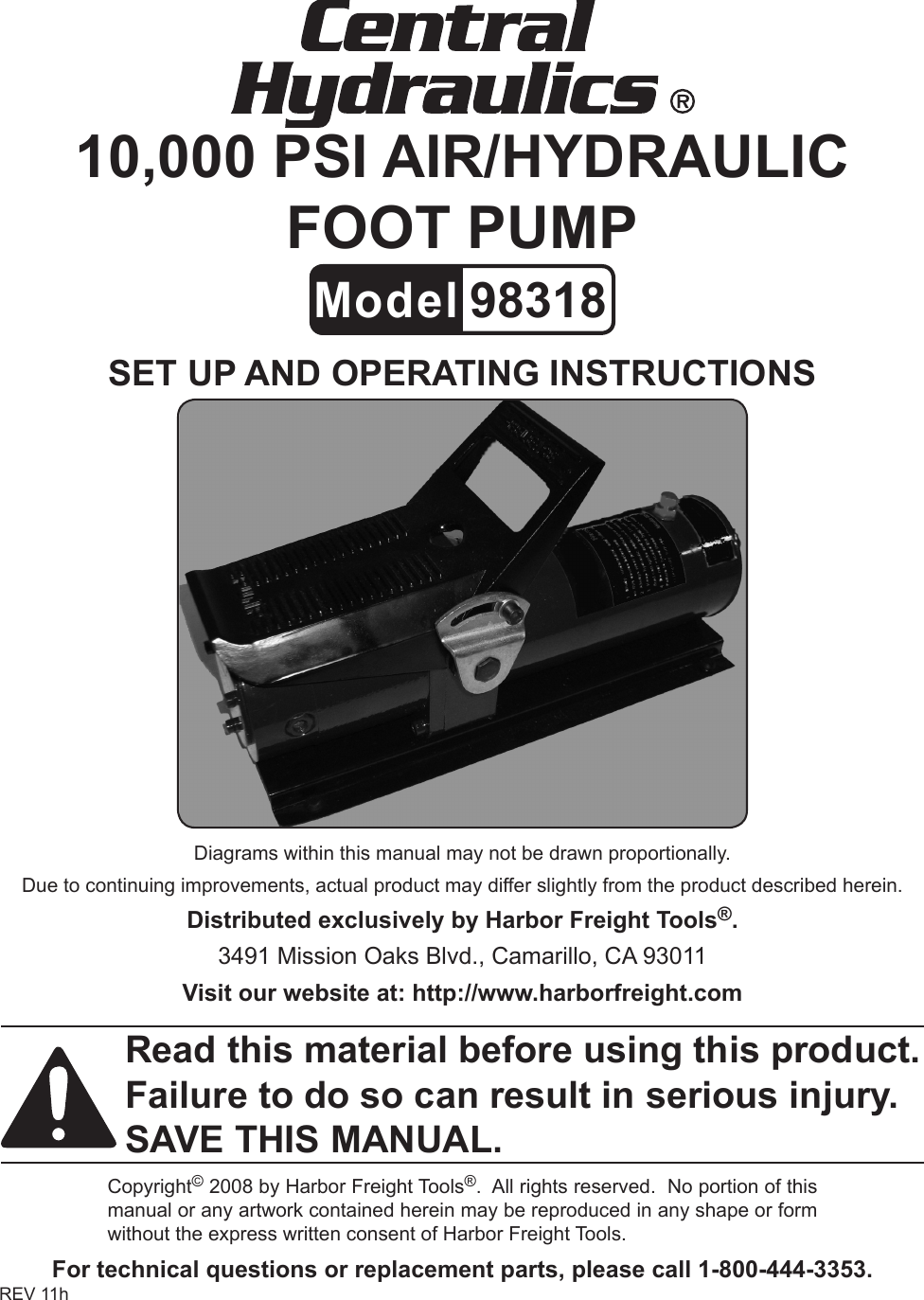 Harbor Freight 10000 Psi Pneumatic Hydraulic Pressure Pump Product Manual