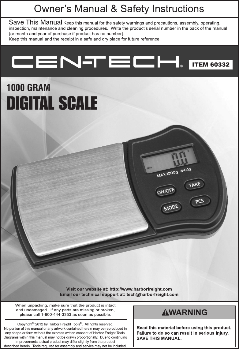 Page 1 of 4 - Harbor-Freight Harbor-Freight-1000-Gram-Digital-Scale-Product-Manual-  Harbor-freight-1000-gram-digital-scale-product-manual