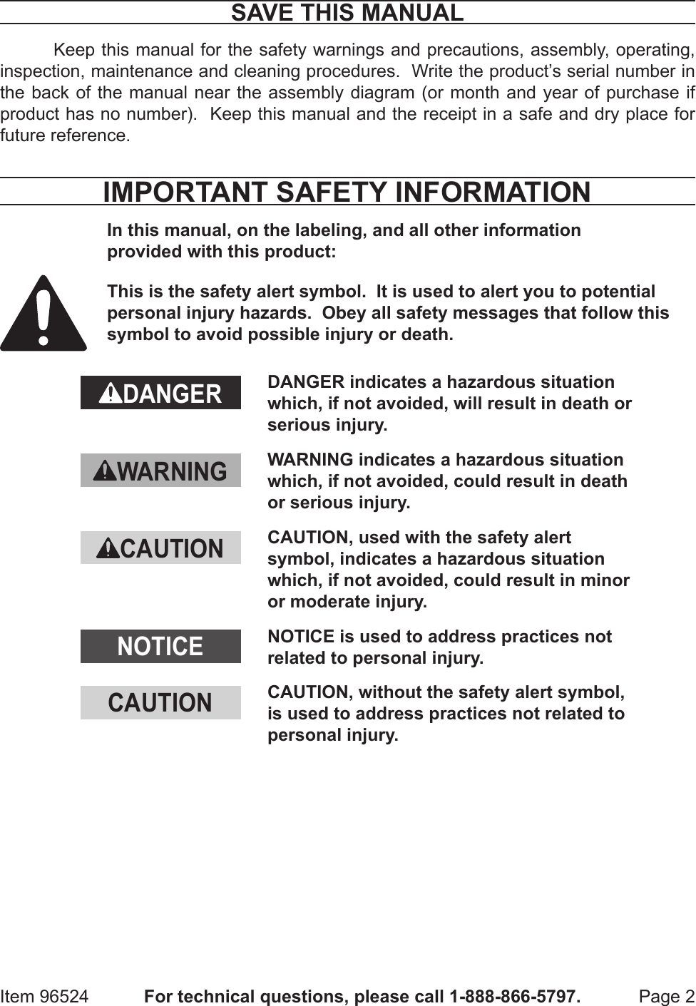 Page 2 of 8 - Harbor-Freight Harbor-Freight-1000-Lb-Capacity-Engine-Support-Bar-Product-Manual- Harbor-freight-1000-lb-capacity-engine-support-bar-product-manual