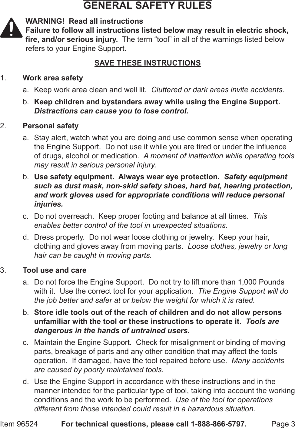 Page 3 of 8 - Harbor-Freight Harbor-Freight-1000-Lb-Capacity-Engine-Support-Bar-Product-Manual- Harbor-freight-1000-lb-capacity-engine-support-bar-product-manual