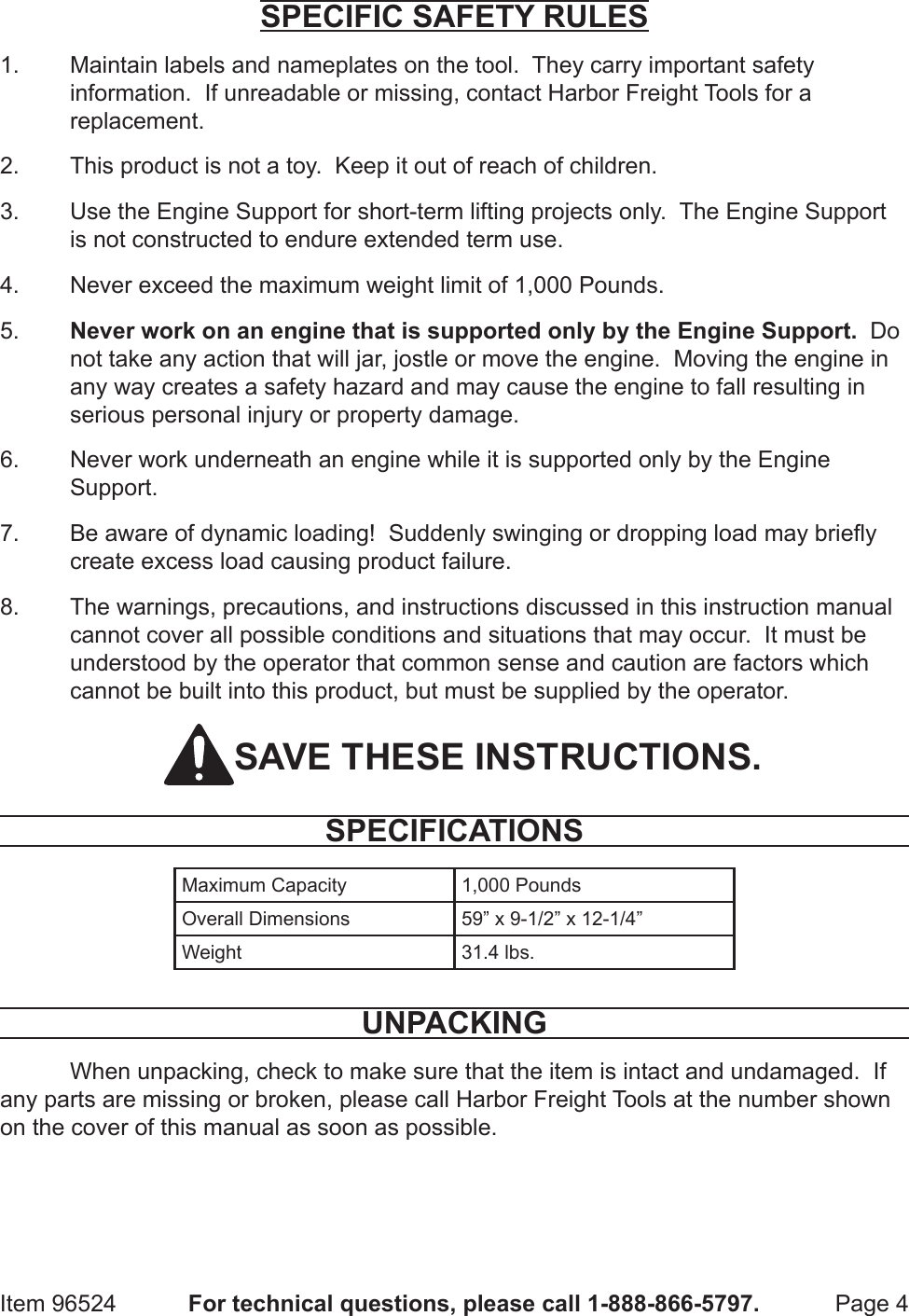 Page 4 of 8 - Harbor-Freight Harbor-Freight-1000-Lb-Capacity-Engine-Support-Bar-Product-Manual- Harbor-freight-1000-lb-capacity-engine-support-bar-product-manual