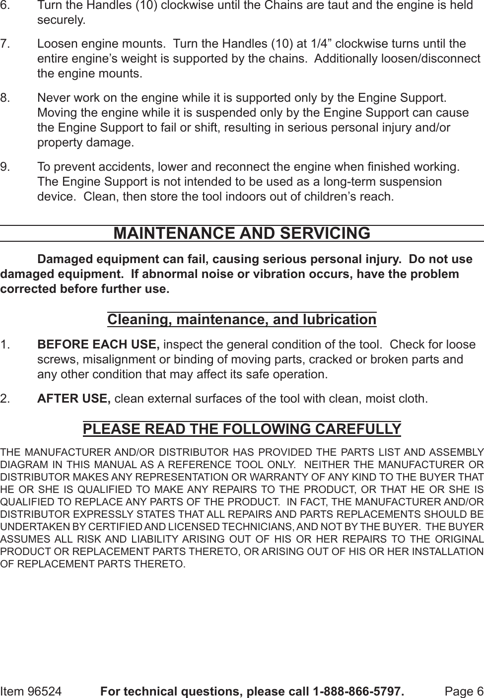 Page 6 of 8 - Harbor-Freight Harbor-Freight-1000-Lb-Capacity-Engine-Support-Bar-Product-Manual- Harbor-freight-1000-lb-capacity-engine-support-bar-product-manual