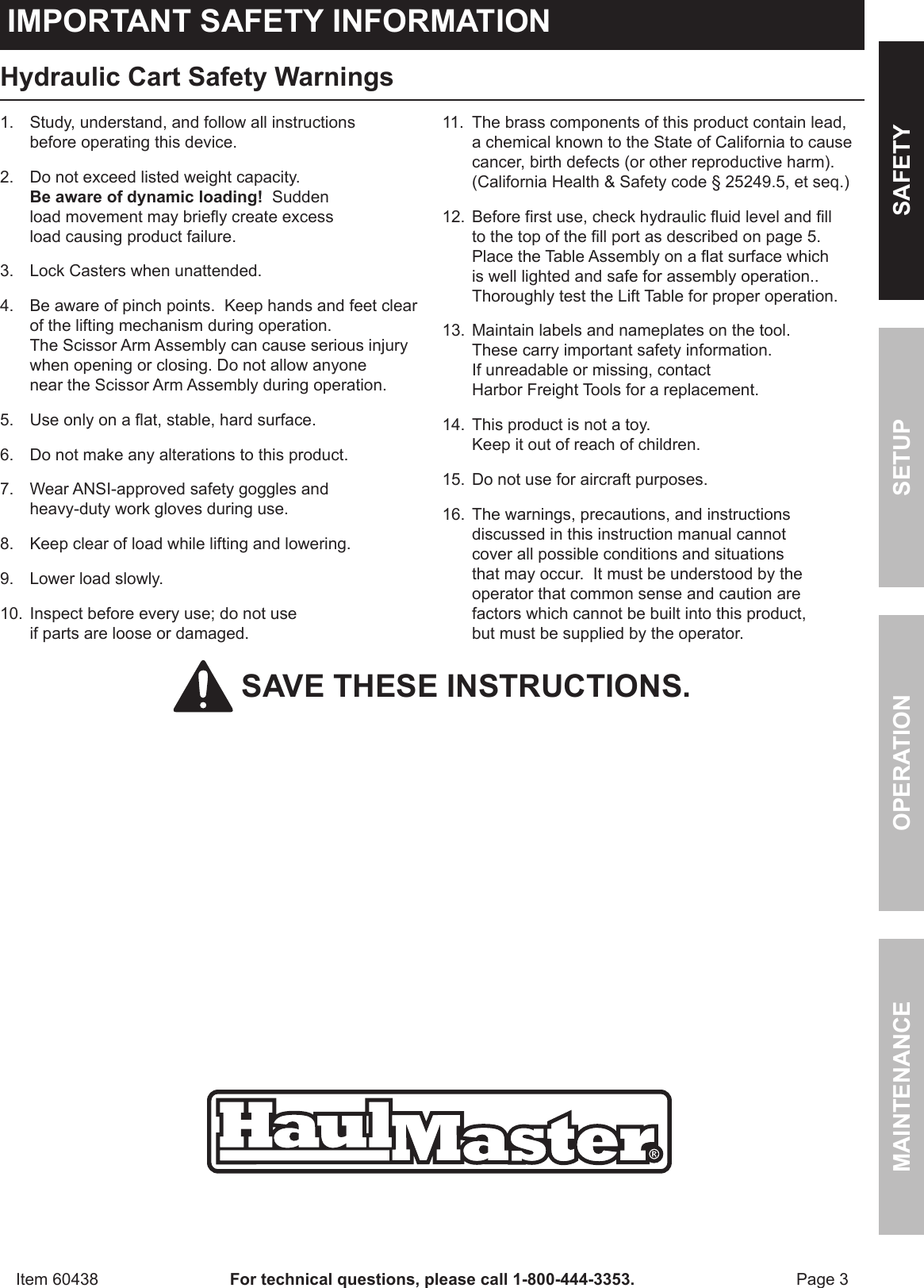 Page 3 of 12 - Harbor-Freight Harbor-Freight-1000-Lb-Capacity-Hydraulic-Table-Cart-Product-Manual-  Harbor-freight-1000-lb-capacity-hydraulic-table-cart-product-manual