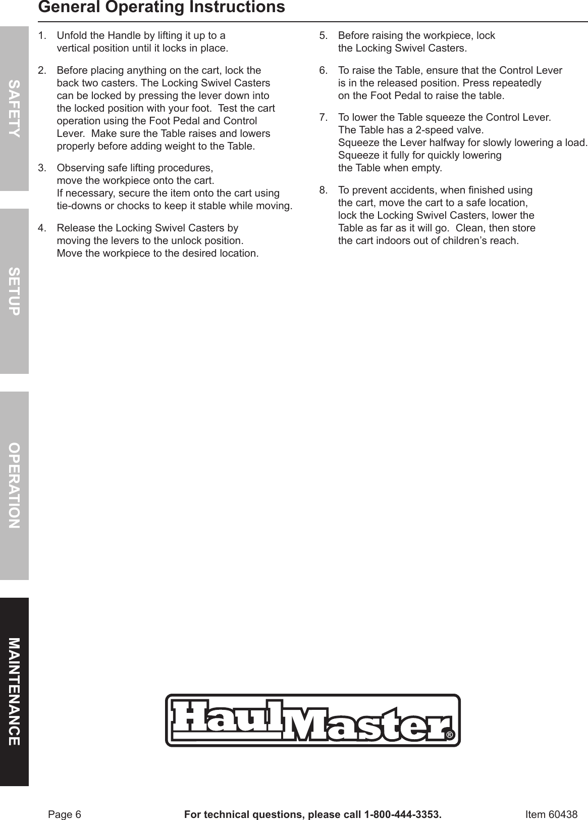 Page 6 of 12 - Harbor-Freight Harbor-Freight-1000-Lb-Capacity-Hydraulic-Table-Cart-Product-Manual-  Harbor-freight-1000-lb-capacity-hydraulic-table-cart-product-manual