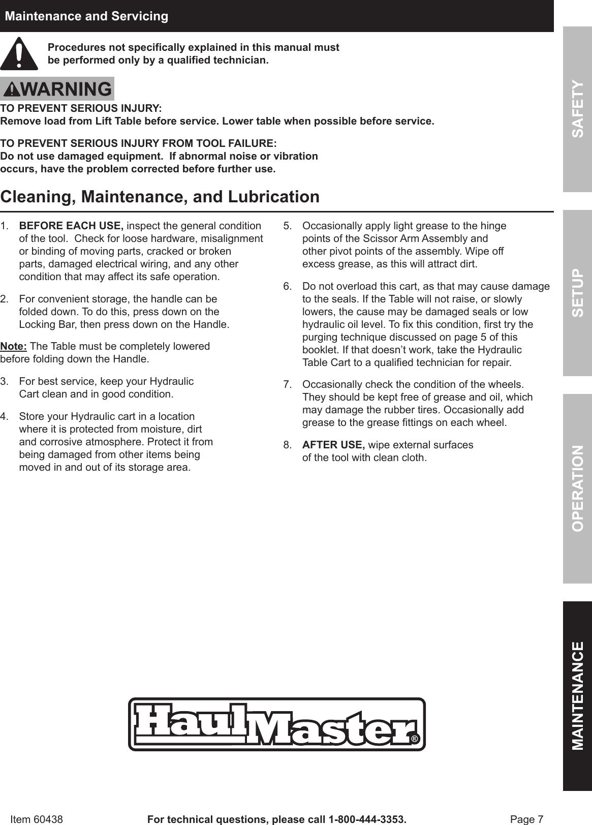 Page 7 of 12 - Harbor-Freight Harbor-Freight-1000-Lb-Capacity-Hydraulic-Table-Cart-Product-Manual-  Harbor-freight-1000-lb-capacity-hydraulic-table-cart-product-manual