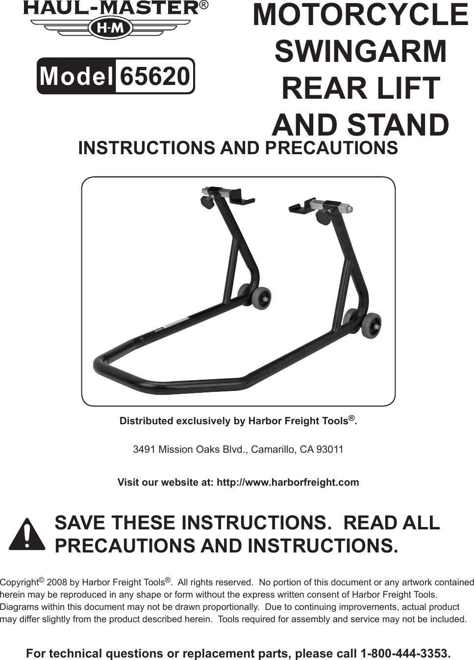 Page 1 of 5 - Harbor-Freight Harbor-Freight-1000-Lb-Capacity-Motorcycle-Swingarm-Rear-Stand-Product-Manual-  Harbor-freight-1000-lb-capacity-motorcycle-swingarm-rear-stand-product-manual