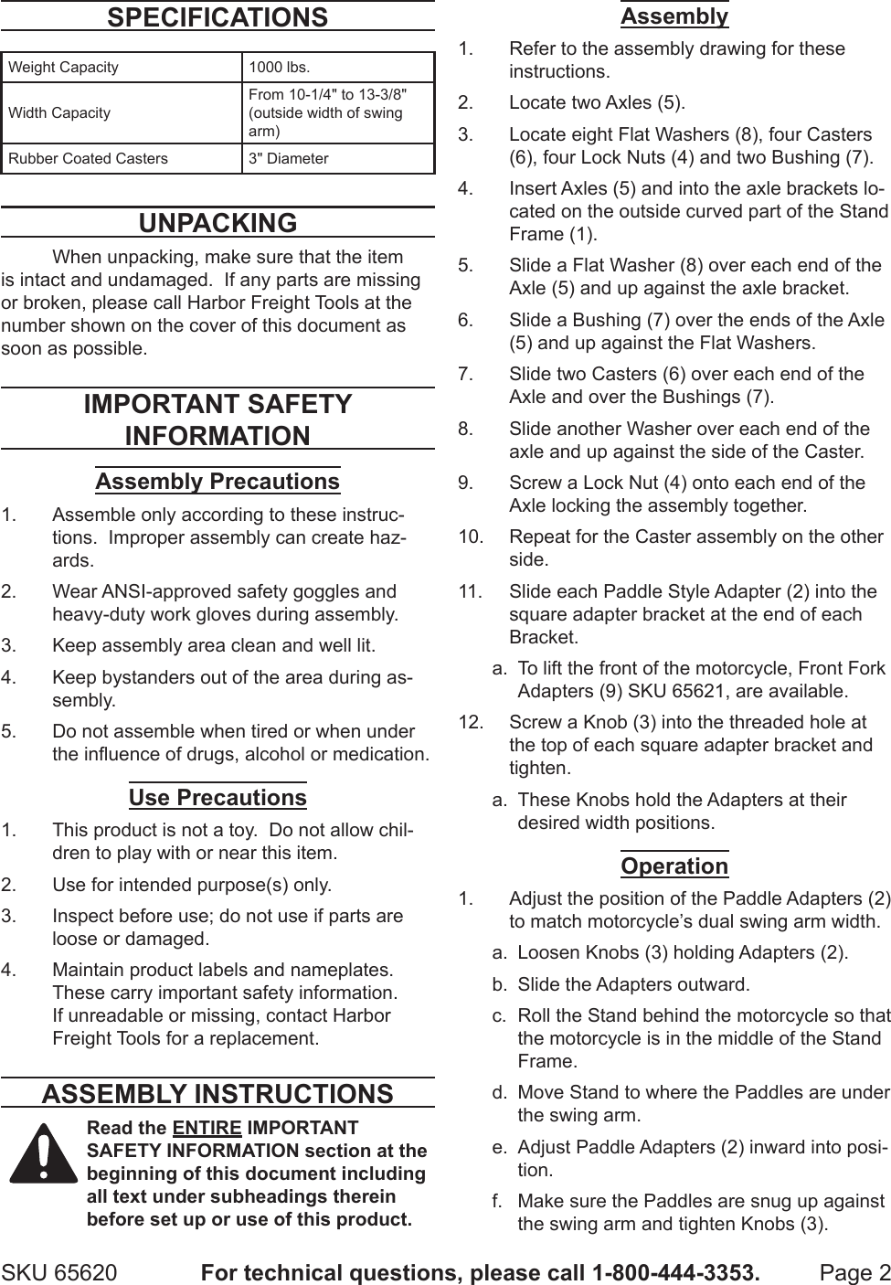 Page 2 of 5 - Harbor-Freight Harbor-Freight-1000-Lb-Capacity-Motorcycle-Swingarm-Rear-Stand-Product-Manual-  Harbor-freight-1000-lb-capacity-motorcycle-swingarm-rear-stand-product-manual