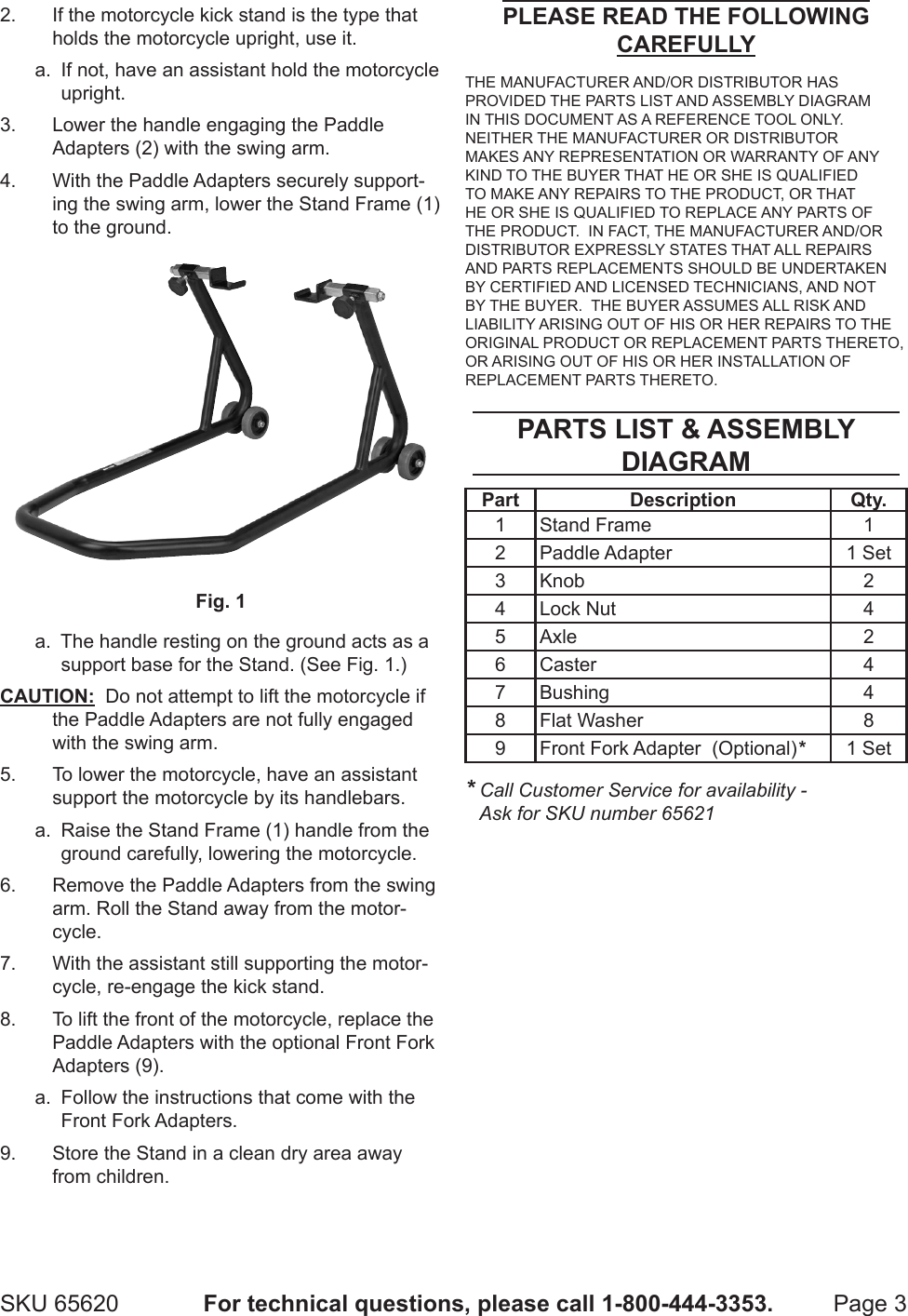 Page 3 of 5 - Harbor-Freight Harbor-Freight-1000-Lb-Capacity-Motorcycle-Swingarm-Rear-Stand-Product-Manual-  Harbor-freight-1000-lb-capacity-motorcycle-swingarm-rear-stand-product-manual