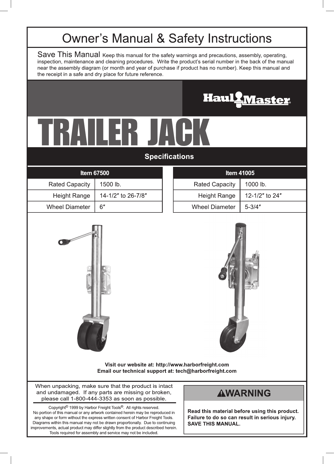Page 1 of 8 - Harbor-Freight Harbor-Freight-1000-Lb-Capacity-Swing-Back-Trailer-Jack-Product-Manual-  Harbor-freight-1000-lb-capacity-swing-back-trailer-jack-product-manual