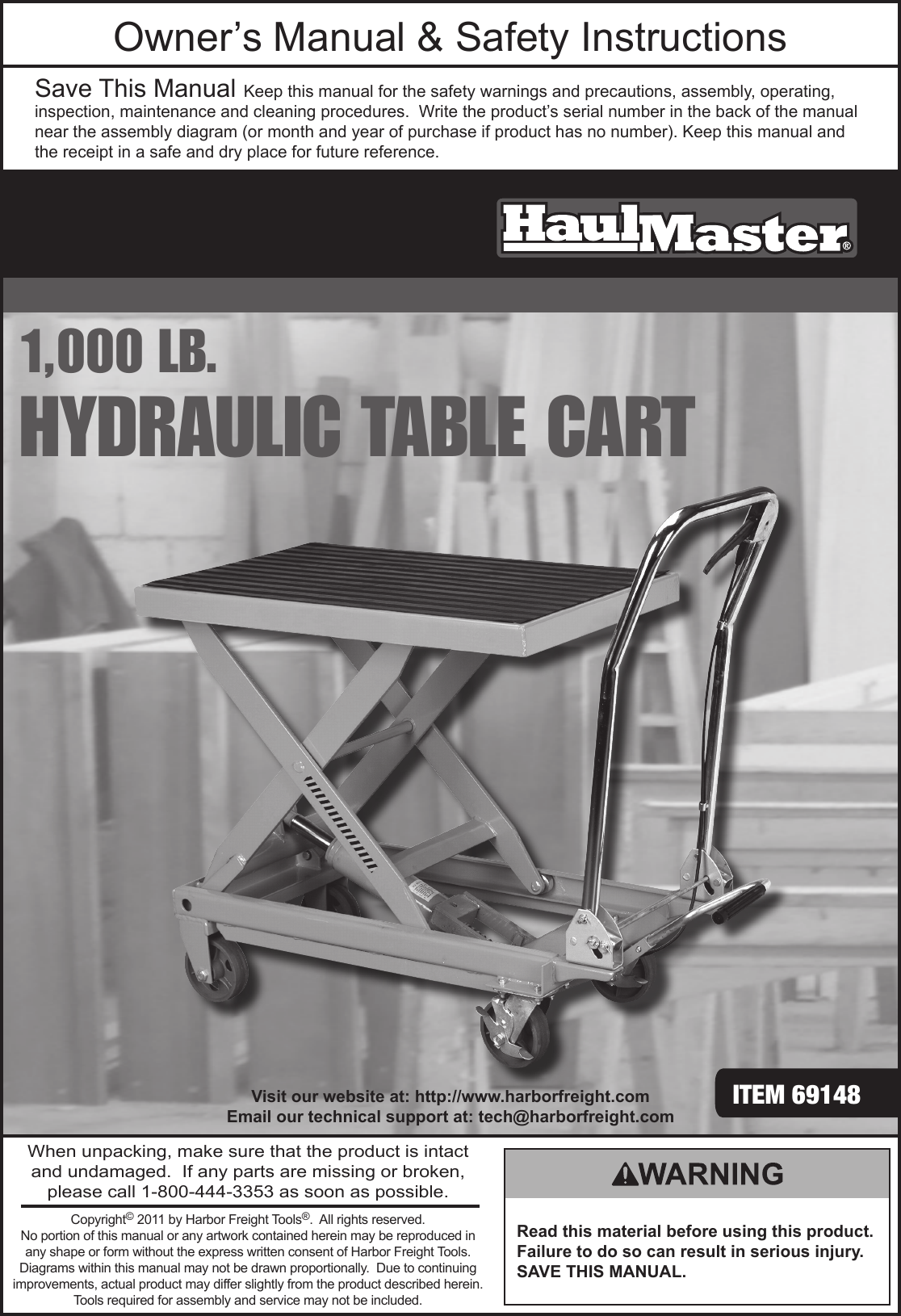 Page 1 of 12 - Harbor-Freight Harbor-Freight-1000-Lbs-Capacity-Hydraulic-Table-Cart-Product-Manual-  Harbor-freight-1000-lbs-capacity-hydraulic-table-cart-product-manual