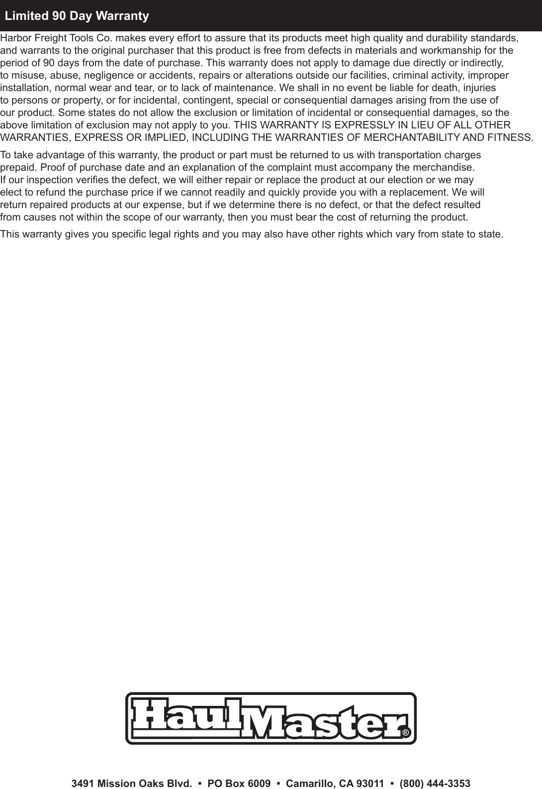 Page 12 of 12 - Harbor-Freight Harbor-Freight-1000-Lbs-Capacity-Hydraulic-Table-Cart-Product-Manual-  Harbor-freight-1000-lbs-capacity-hydraulic-table-cart-product-manual