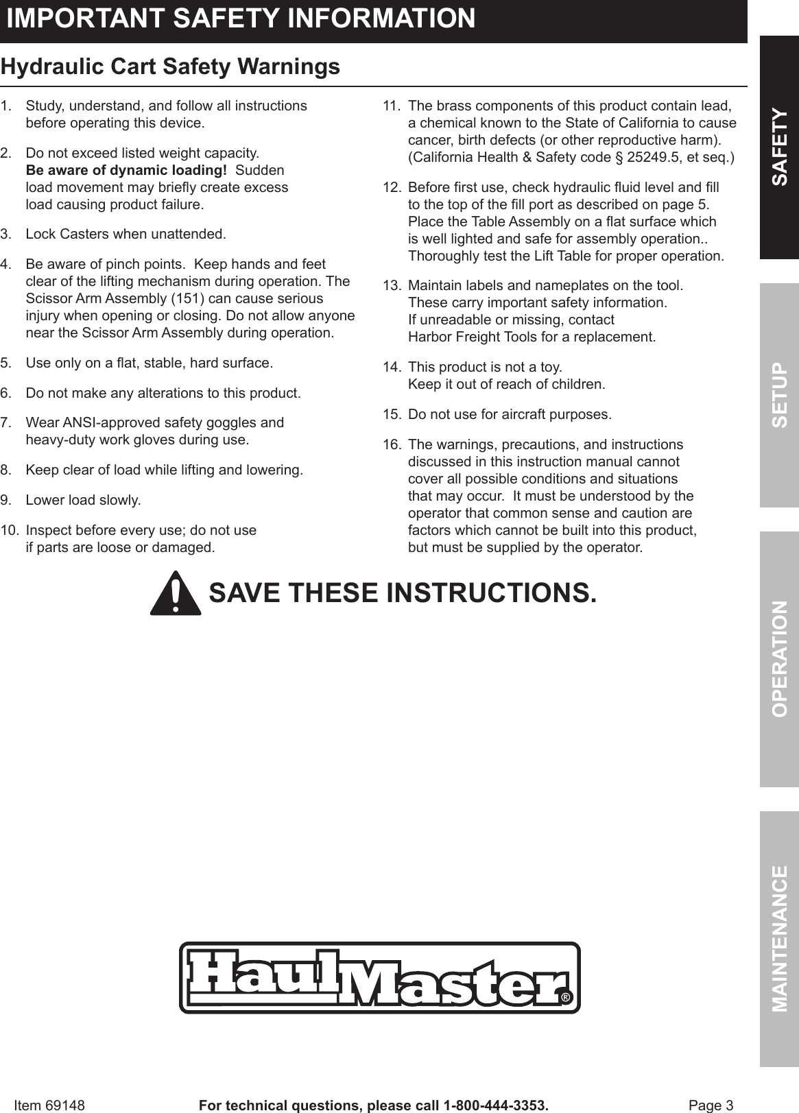 Page 3 of 12 - Harbor-Freight Harbor-Freight-1000-Lbs-Capacity-Hydraulic-Table-Cart-Product-Manual-  Harbor-freight-1000-lbs-capacity-hydraulic-table-cart-product-manual
