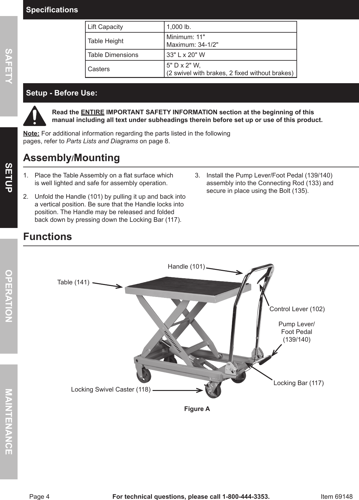 Page 4 of 12 - Harbor-Freight Harbor-Freight-1000-Lbs-Capacity-Hydraulic-Table-Cart-Product-Manual-  Harbor-freight-1000-lbs-capacity-hydraulic-table-cart-product-manual
