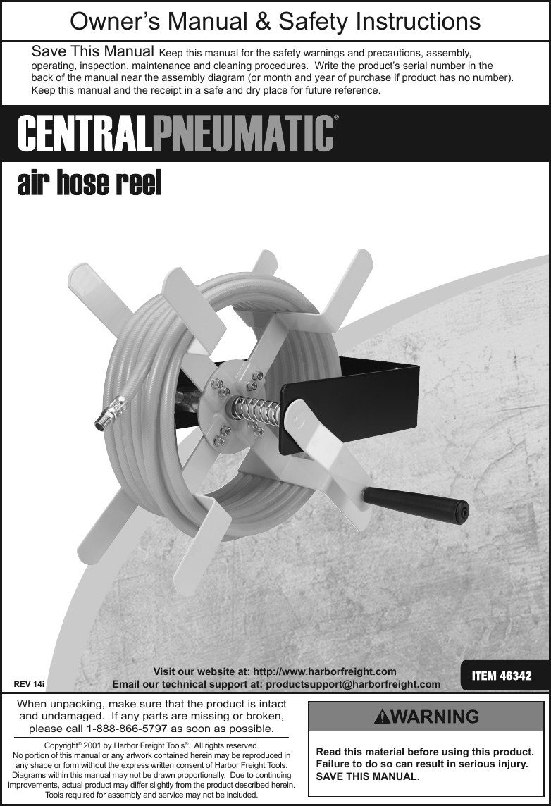 Harbor Freight 100 Ft Open Side Steel Air Hose Reel Product Manual