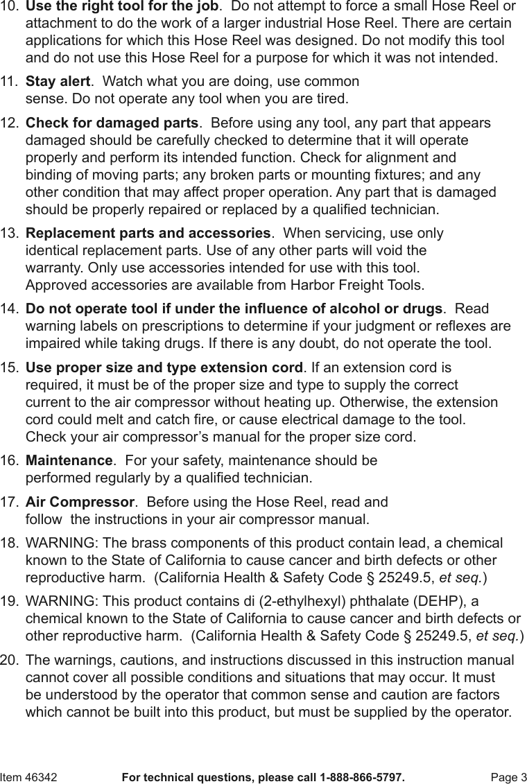 Harbor Freight 100 Ft Open Side Steel Air Hose Reel Product Manual