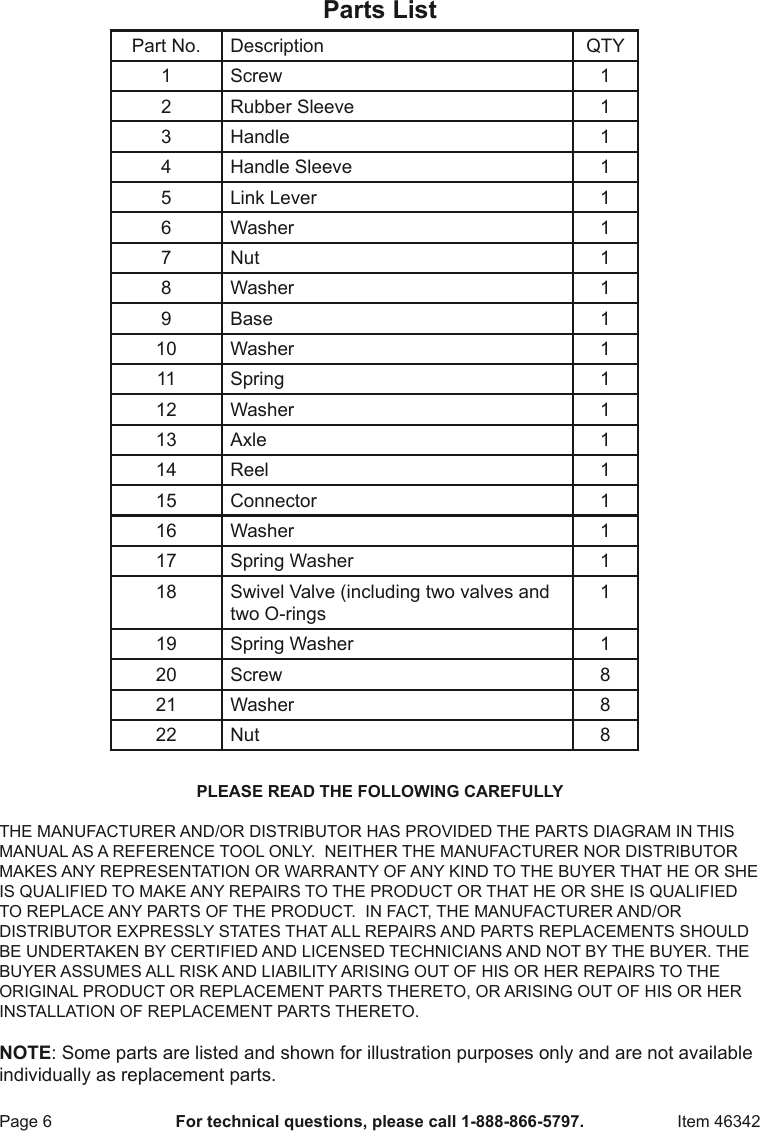 Harbor Freight 100 Ft Open Side Steel Air Hose Reel Product Manual