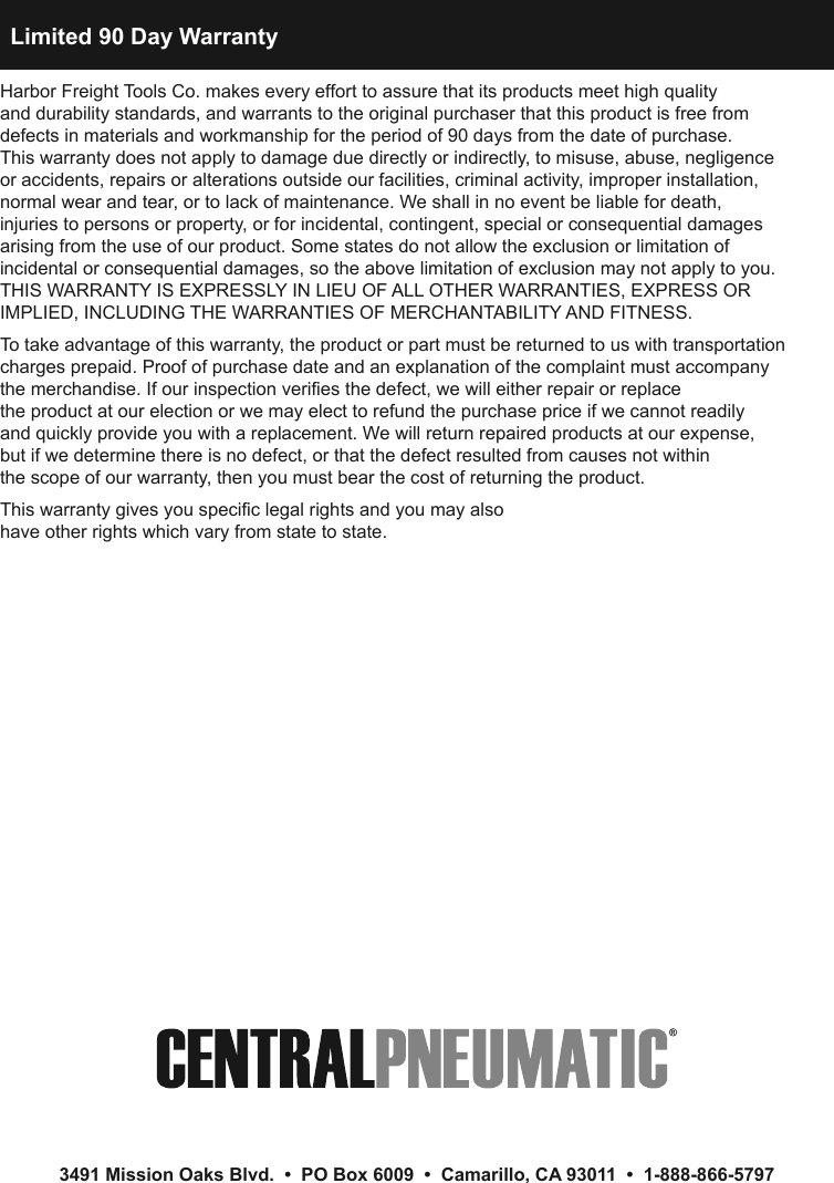 Harbor Freight 100 Ft Open Side Steel Air Hose Reel Product Manual